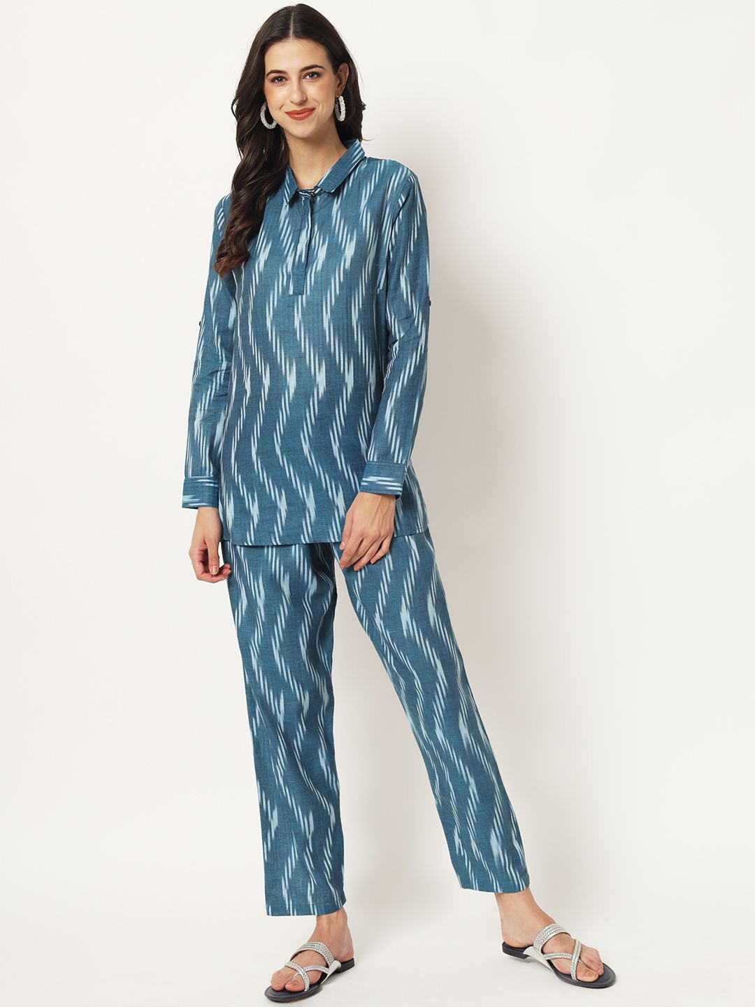 

KALINI Geometric Printed Shirt Collar Long Sleeves Pure Cotton Top With Trousers, Blue