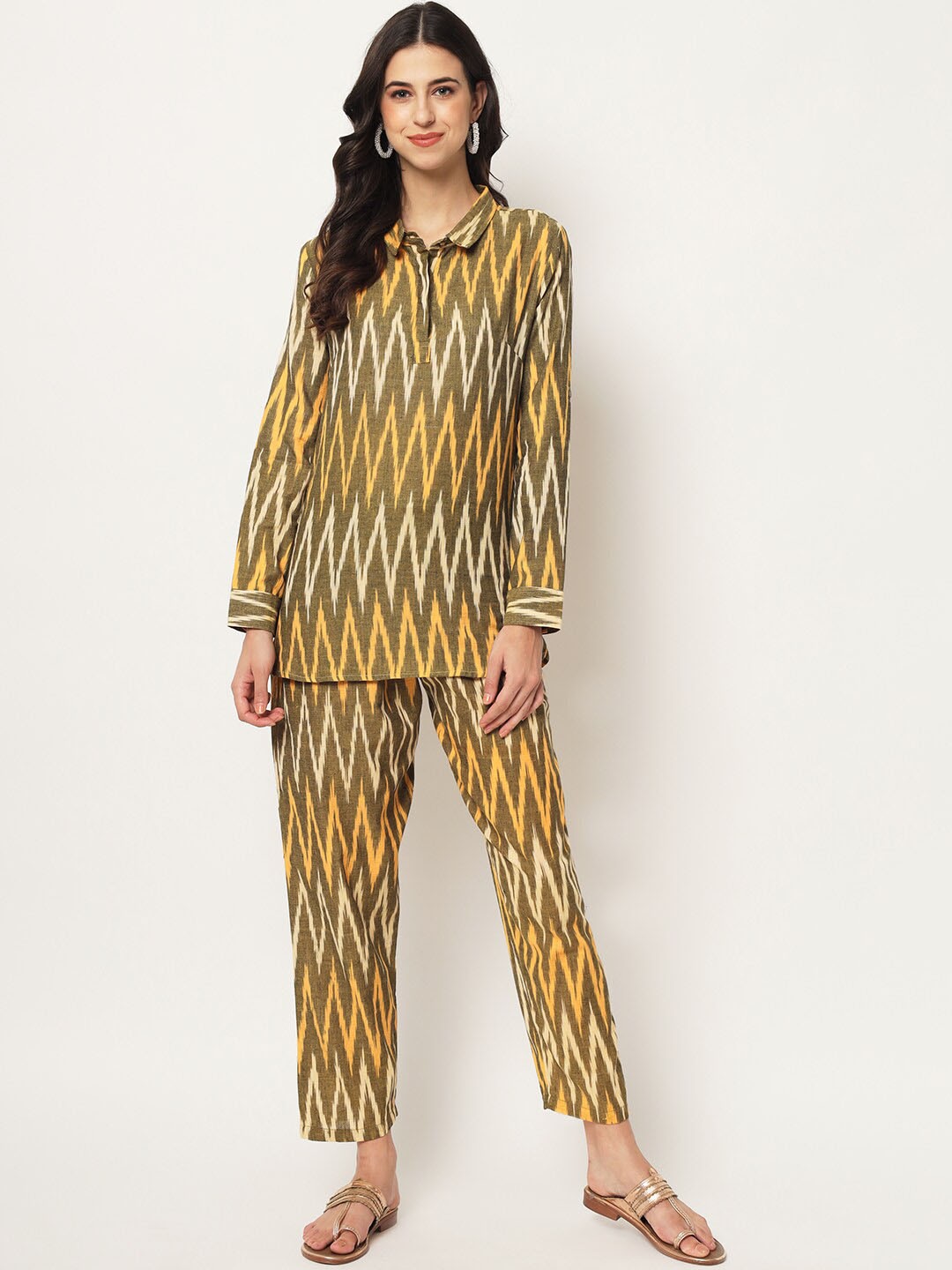 KALINI Geometric Printed Shirt Collar Long Sleeves Pure Cotton Top With Trousers, Green
