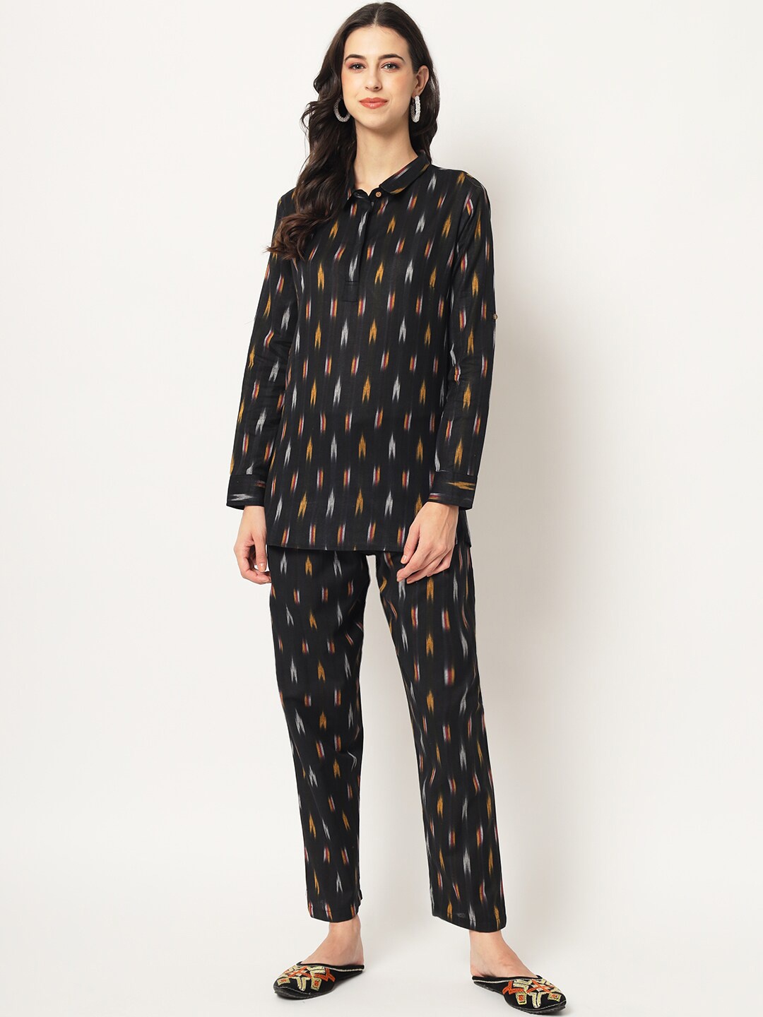 KALINI Geometric Printed Shirt Collar Long Sleeves Pure Cotton Top With Trousers, Black