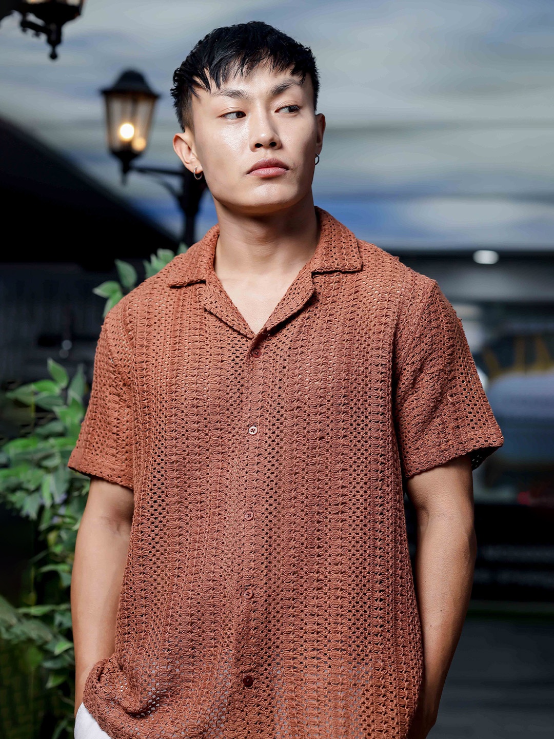 

House of Koala Unisex Crochet Open Knit Relaxed Fit Pure Cotton Resort Shirt, Brown