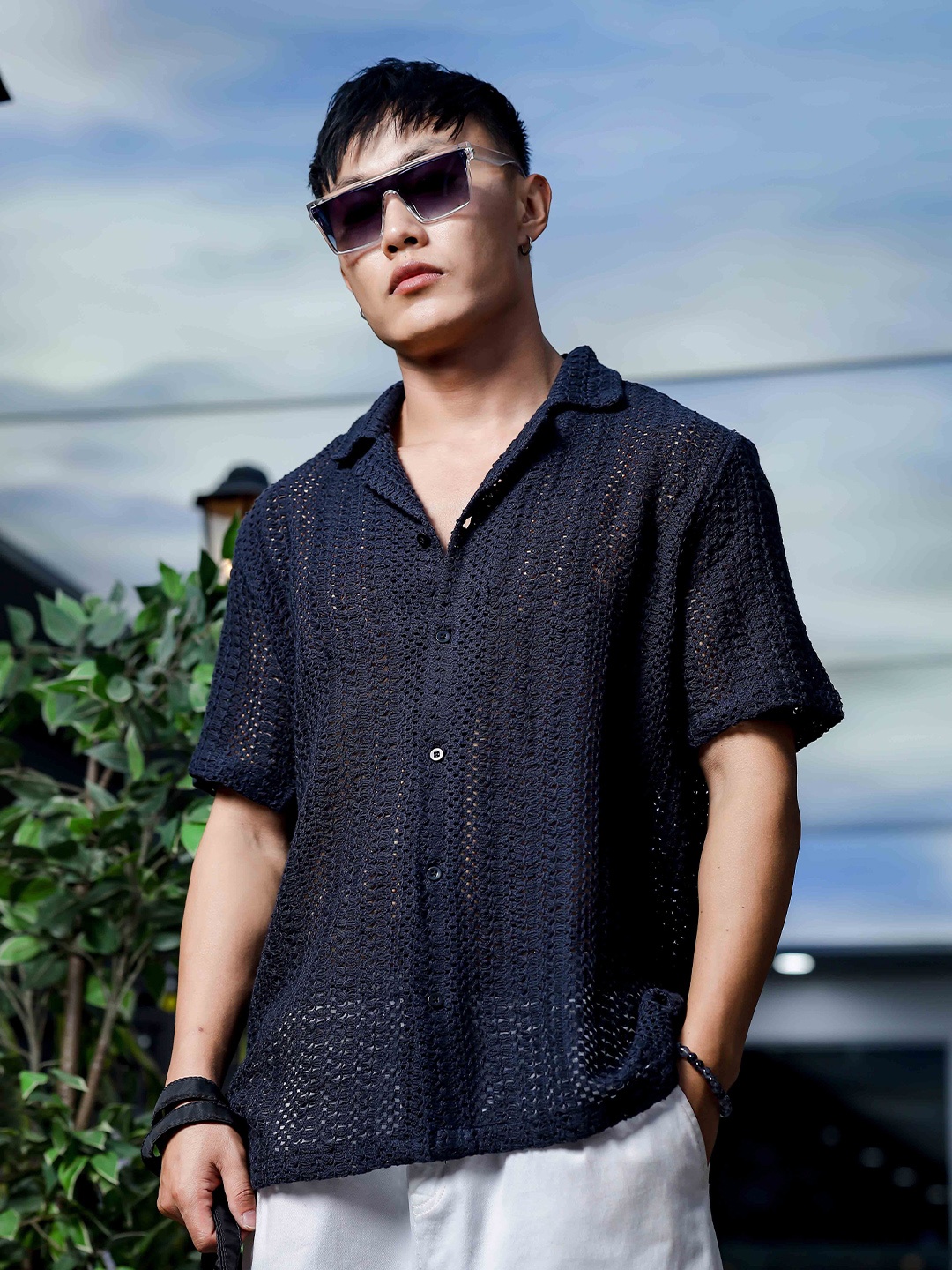 

House of Koala Unisex Relaxed Fit Cotton Crochet Resort Shirt, Black