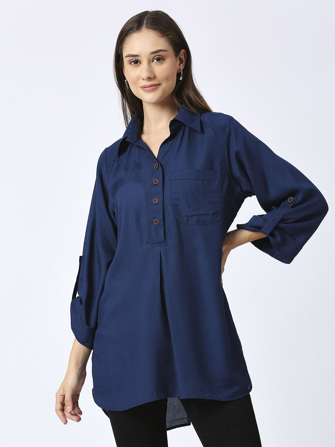 

Pink Guava Shirt Collar Roll-Up Sleeves Shirt Style Top, Navy blue