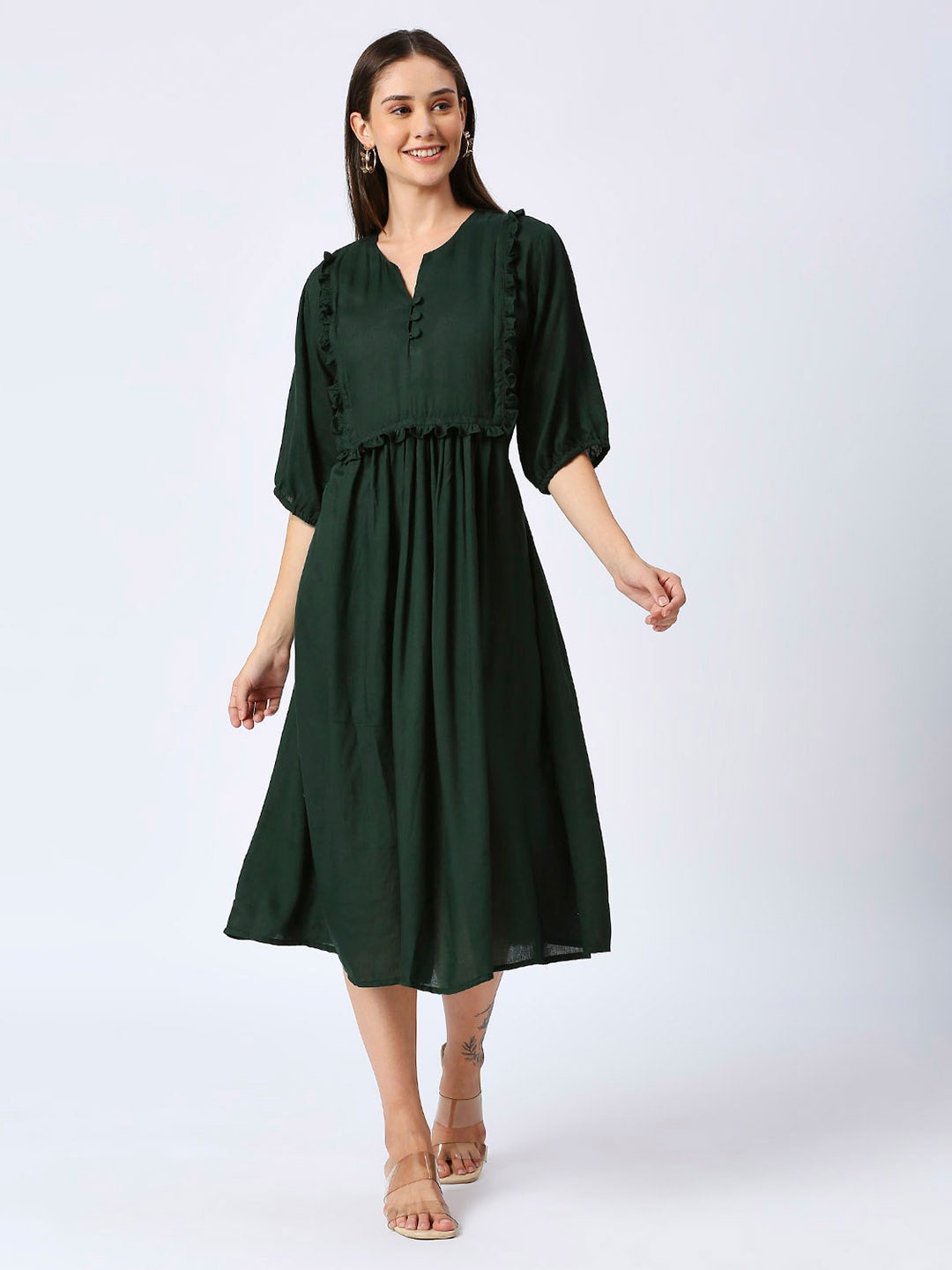 

Pink Guava Puff Sleeve Gathered or Pleated A-Line Midi Dress, Green