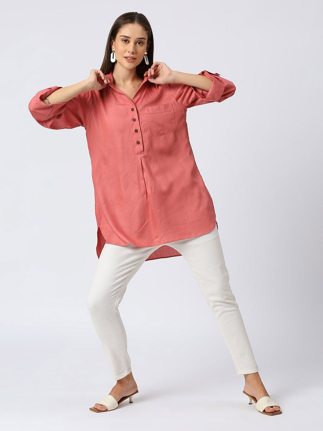 

Pink Guava Shirt Collar Roll-Up Sleeves Shirt Style Top, Coral