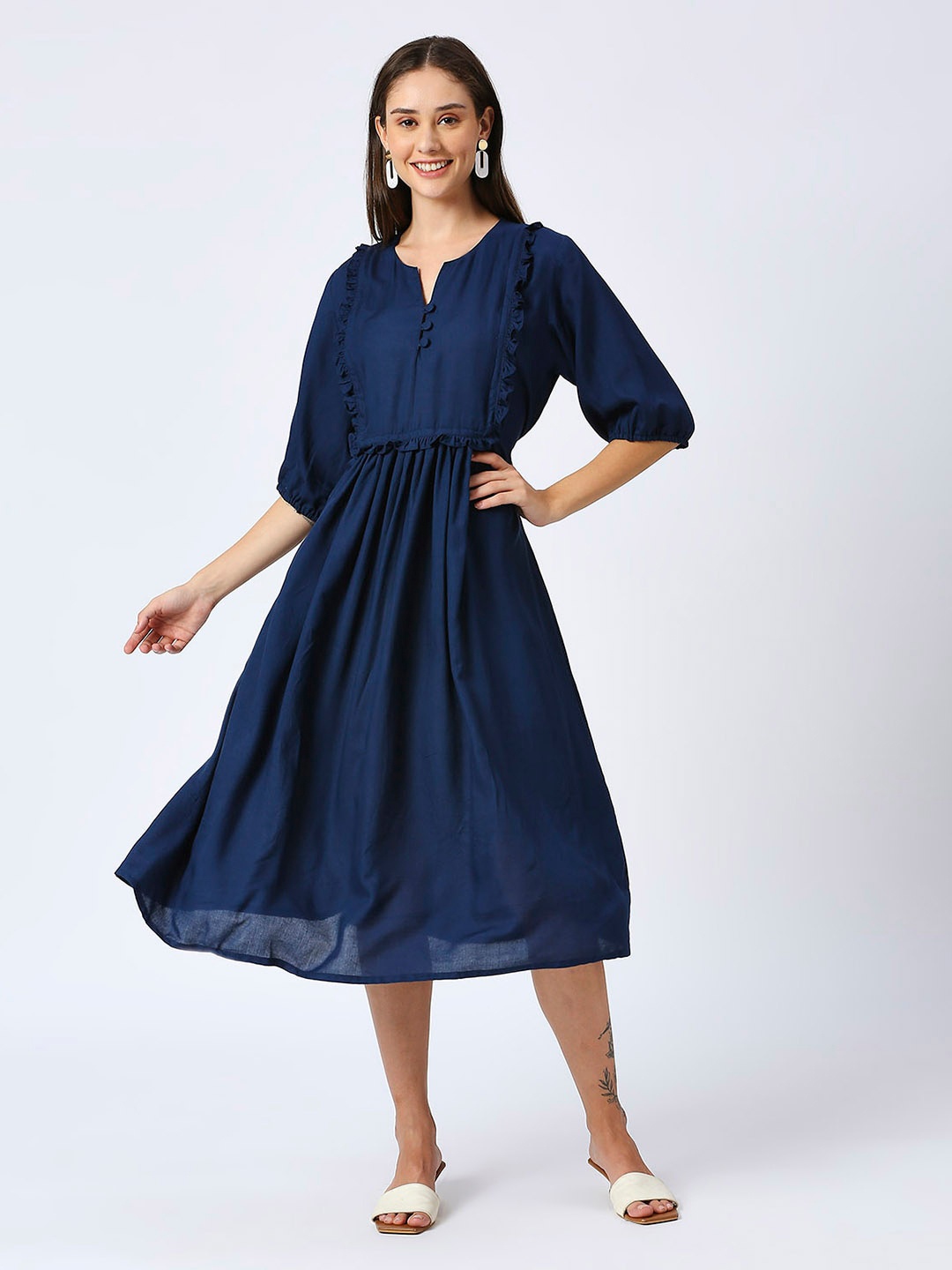 

Pink Guava Puff Sleeve Gathered or Pleated A-Line Midi Dress, Navy blue