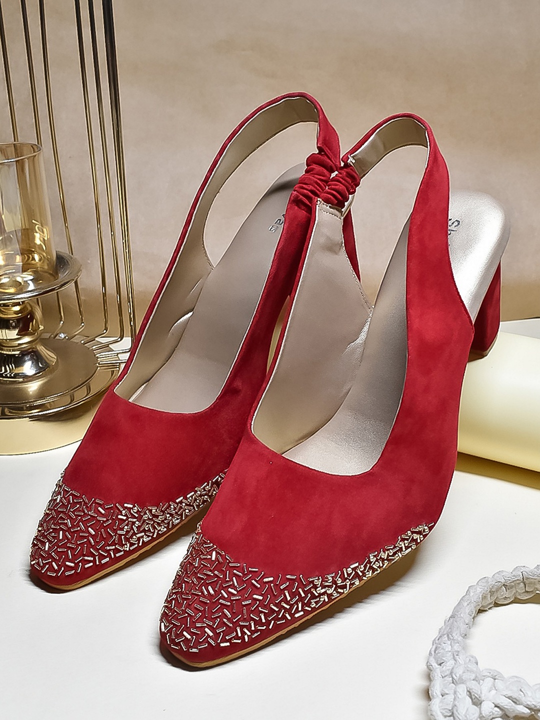 

SHRIVAS BY ARCHITA MEHTA Embellished Round Toe Velvet Slingback Block Heeled Pumps, Red