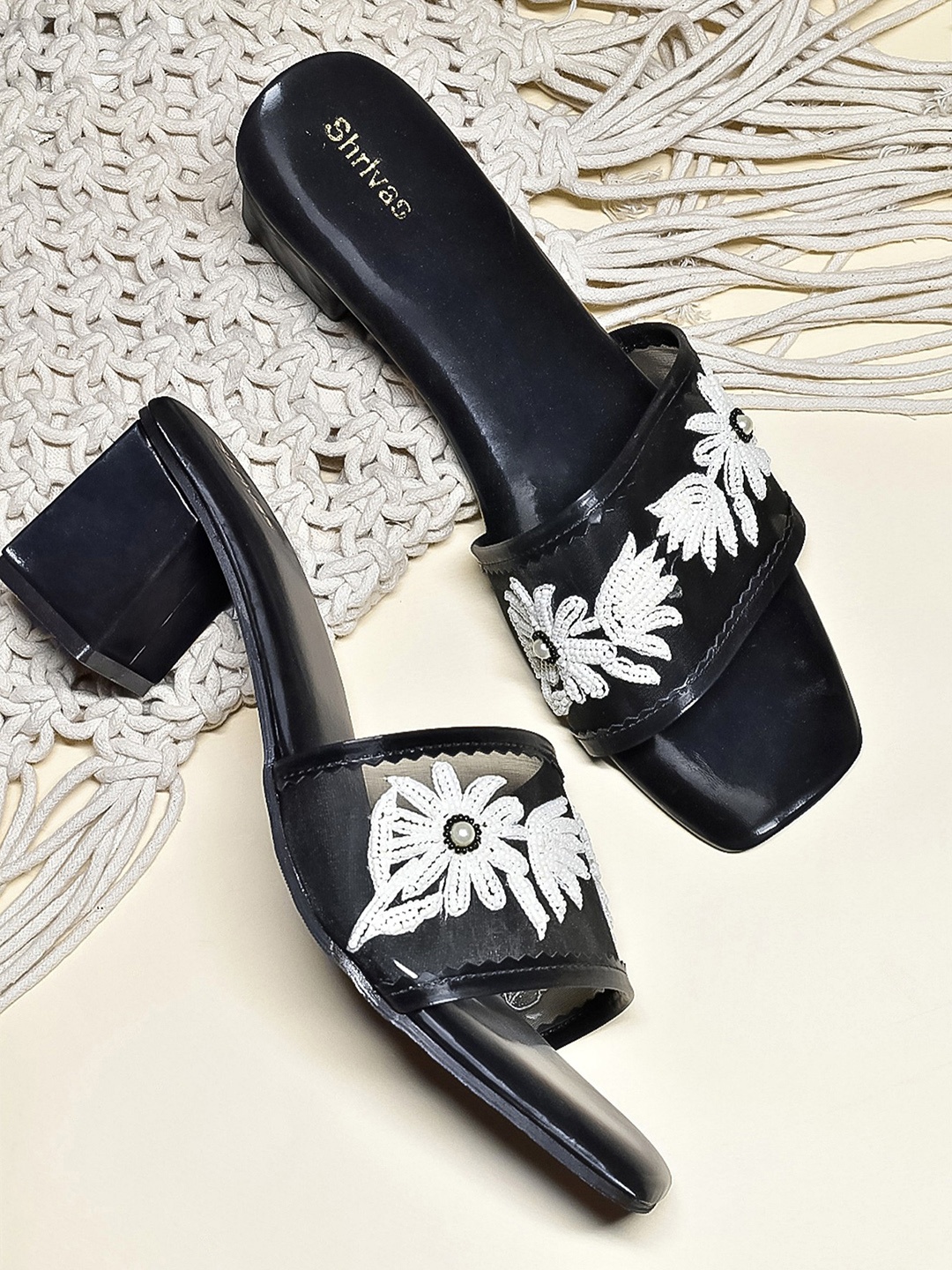

SHRIVAS BY ARCHITA MEHTA Embellished Open Toe Block Heels, Black