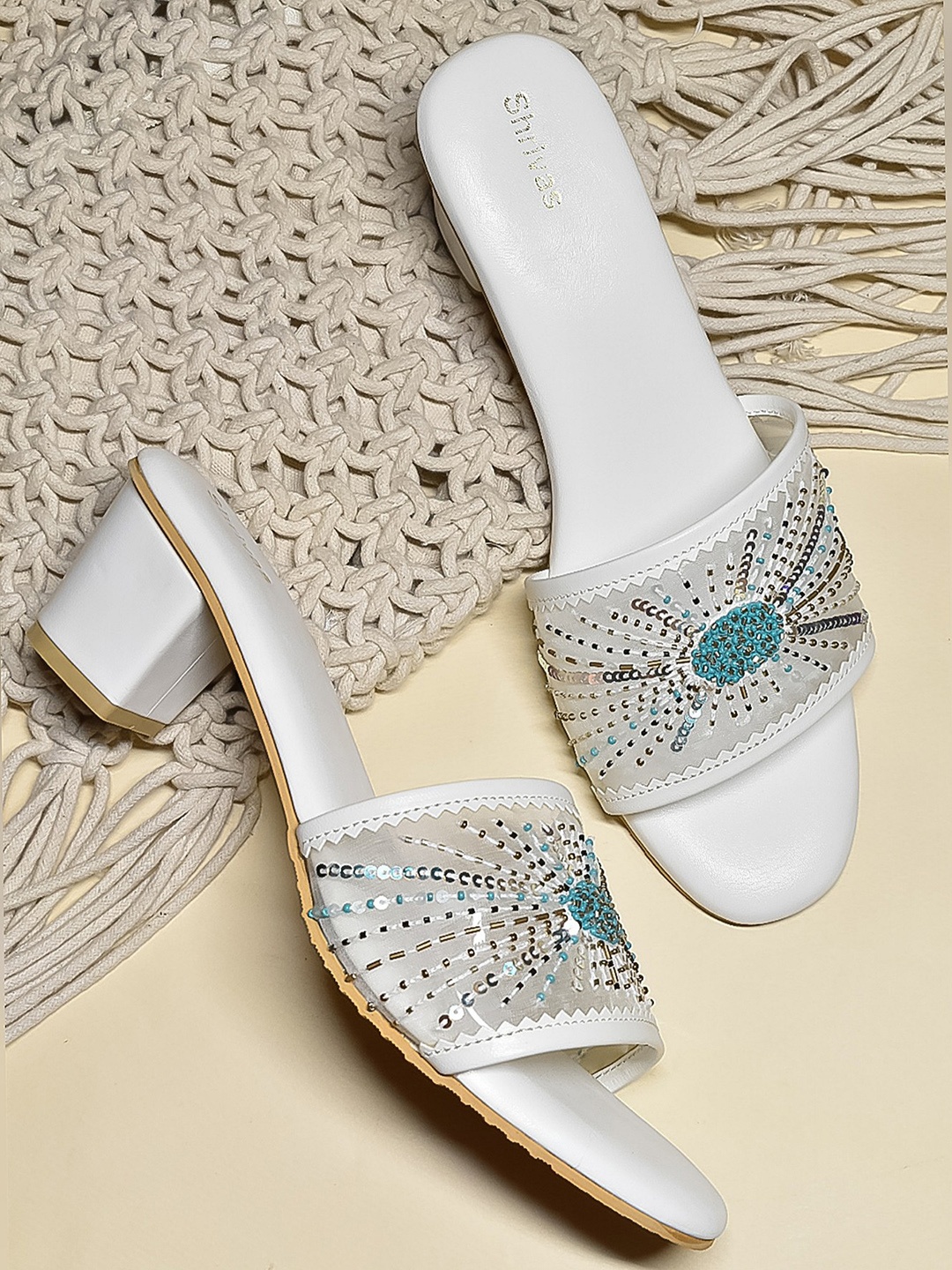 

SHRIVAS BY ARCHITA MEHTA Embellished Open Toe Block Heels, White