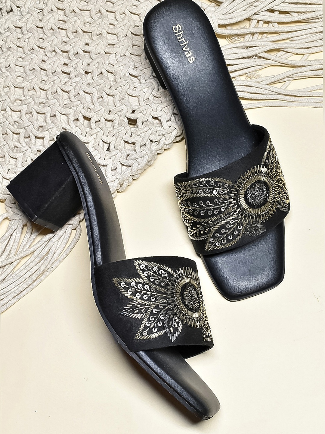 

SHRIVAS BY ARCHITA MEHTA Embellished Open Toe Suede Block Heels, Black