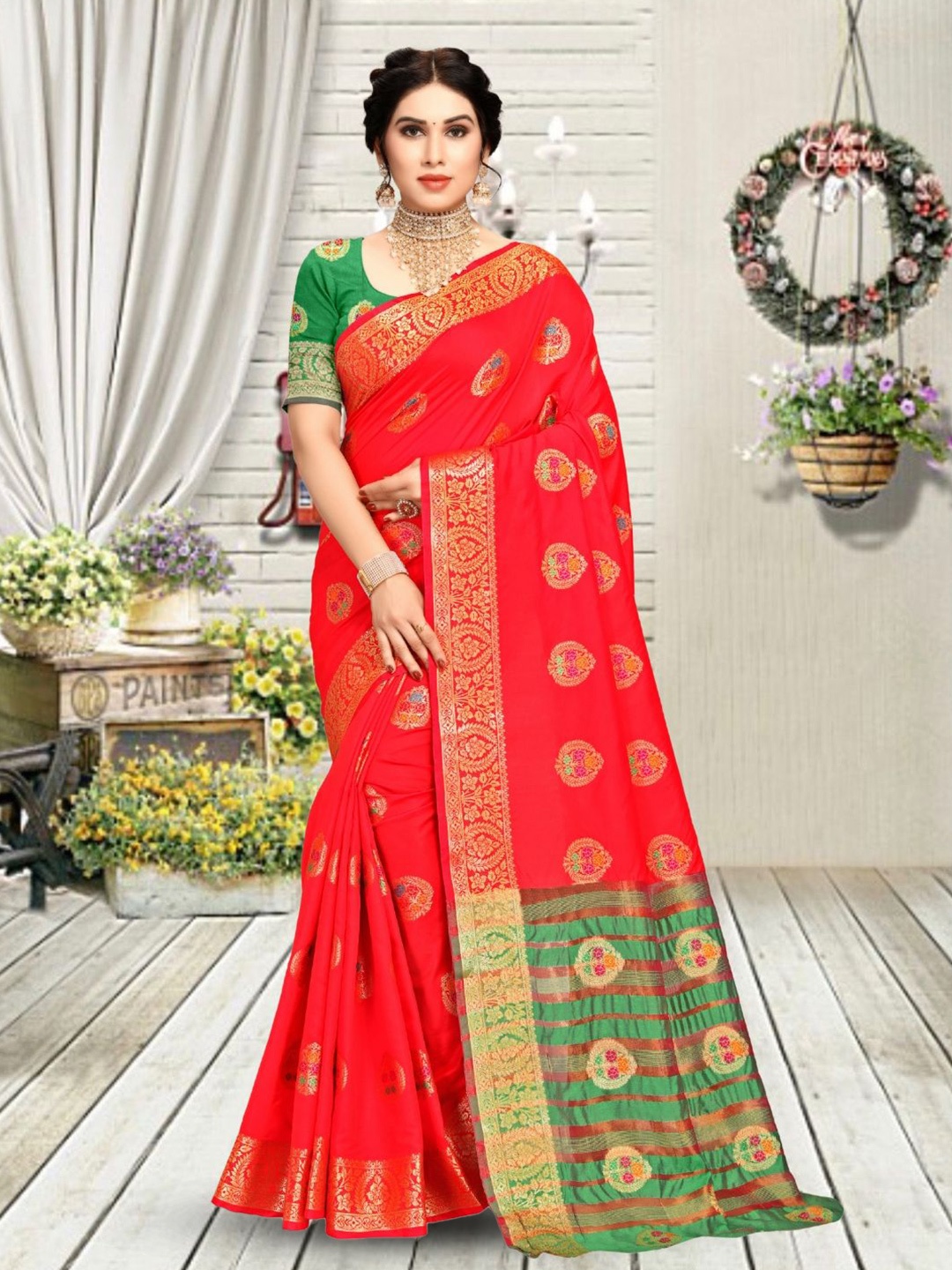 

Mitera Woven Design Zari Banarasi Saree, Red