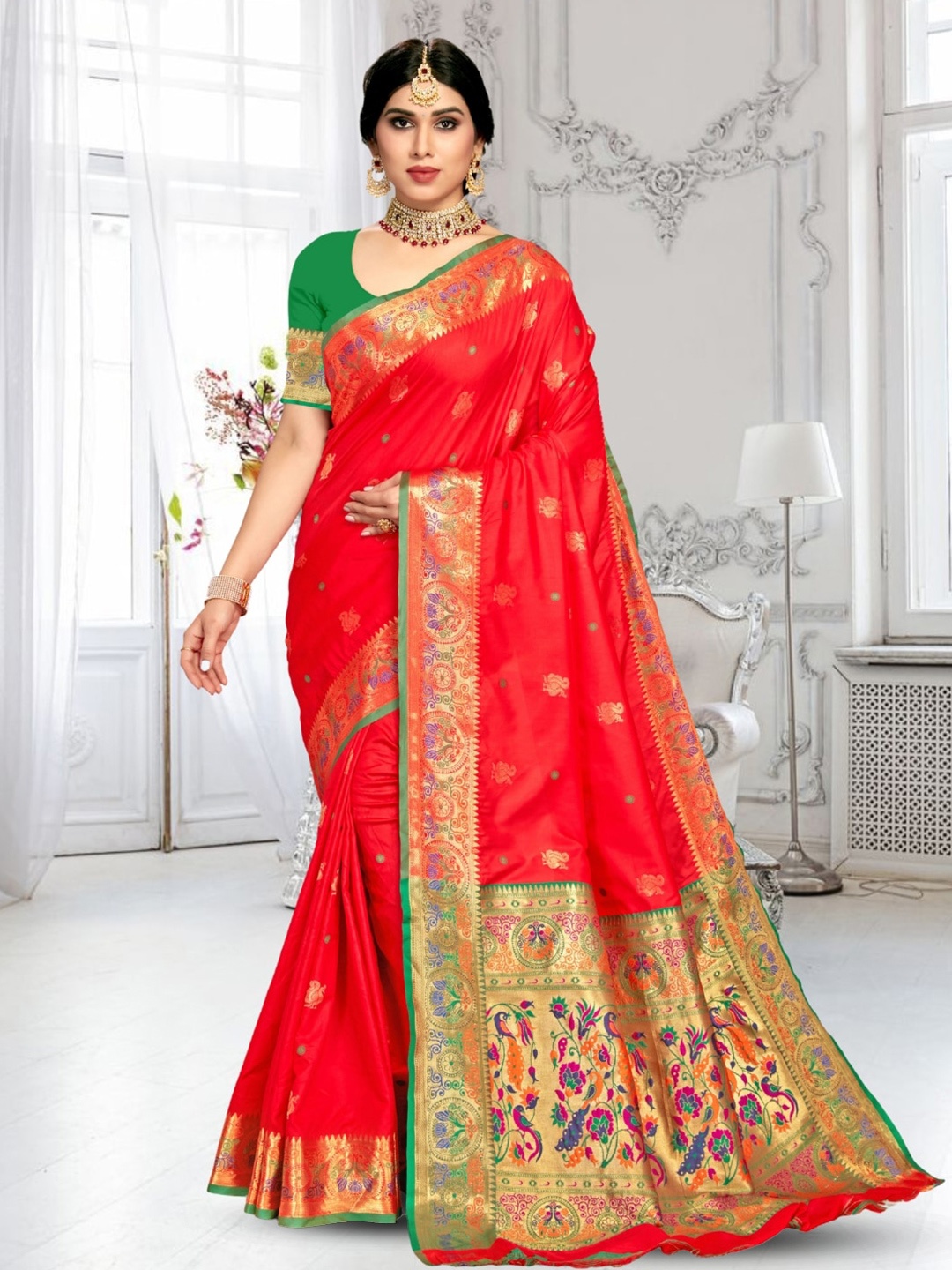 

Mitera Woven Design Zari Paithani Saree, Red