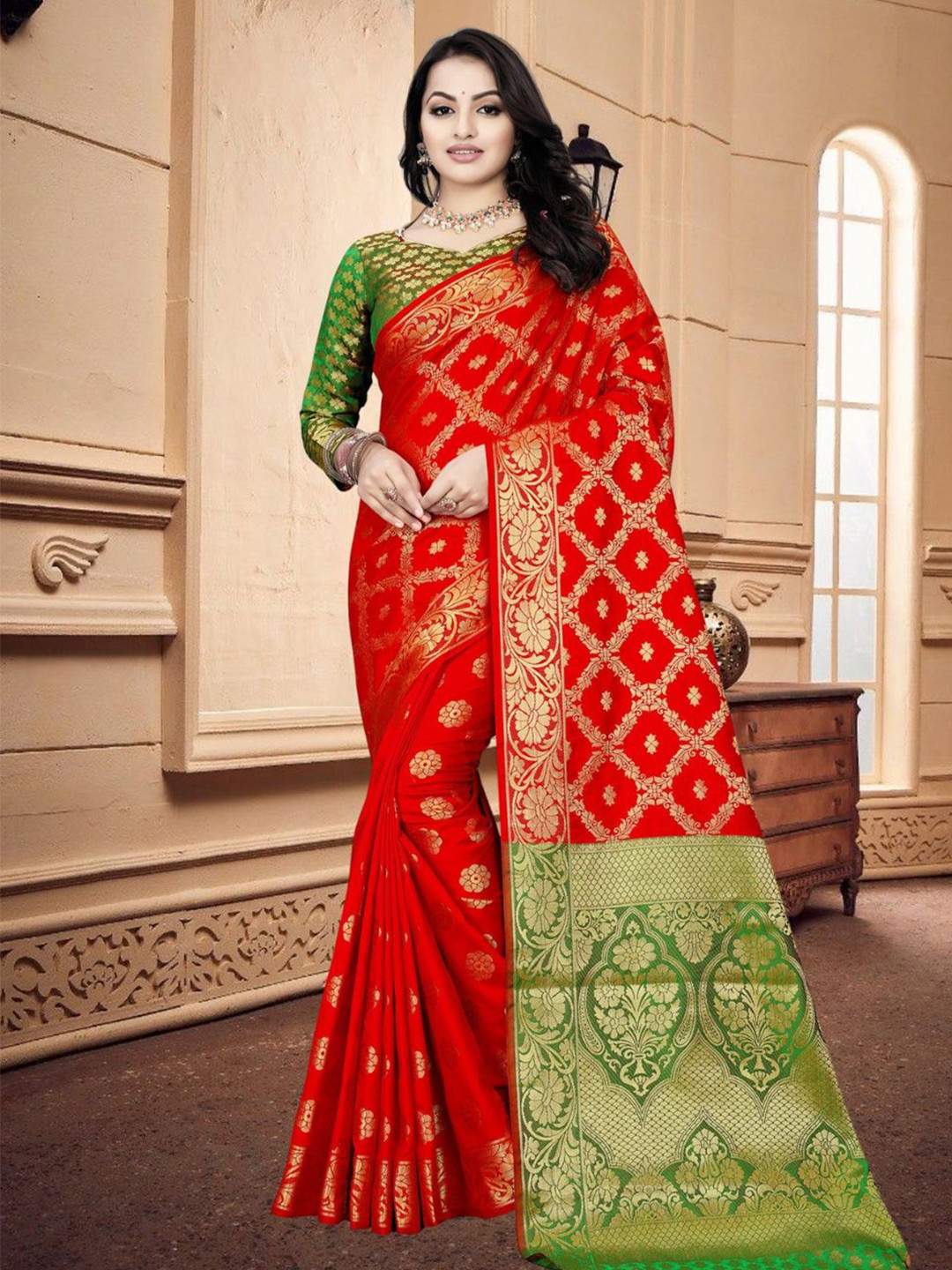 

Mitera Woven Design Zari Banarasi Saree, Red