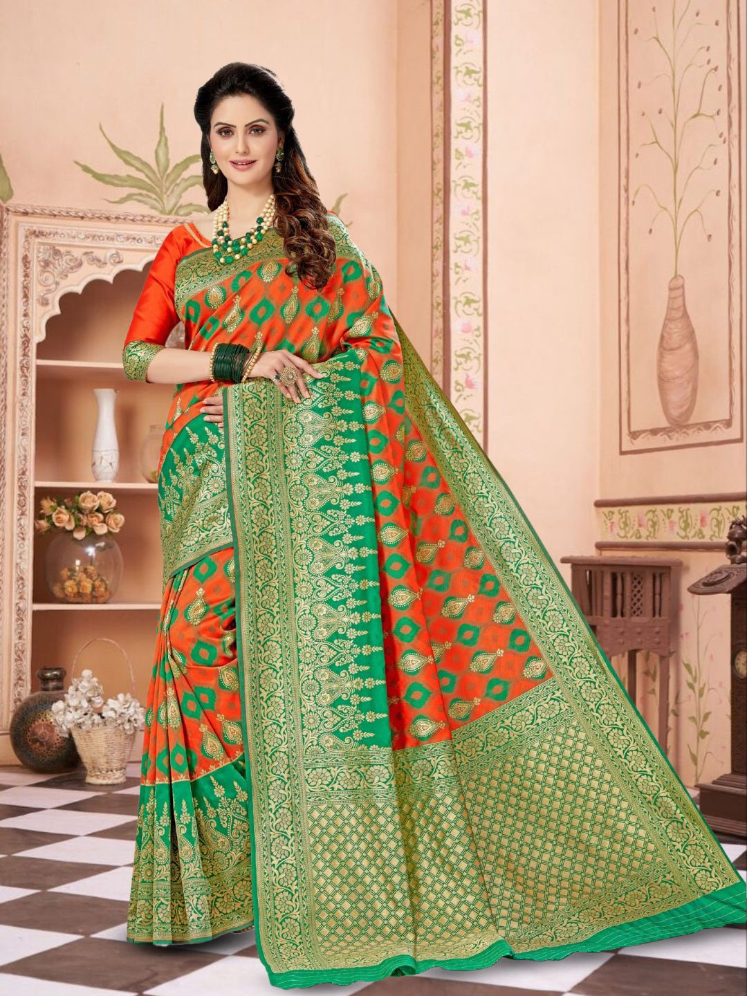 

Mitera Woven Design Zari Banarasi Saree, Orange