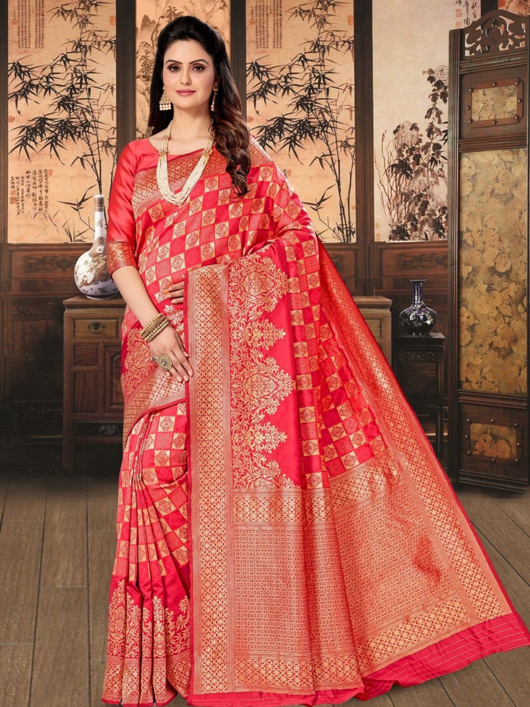

Mitera Woven Design Zari Banarasi Saree, Red