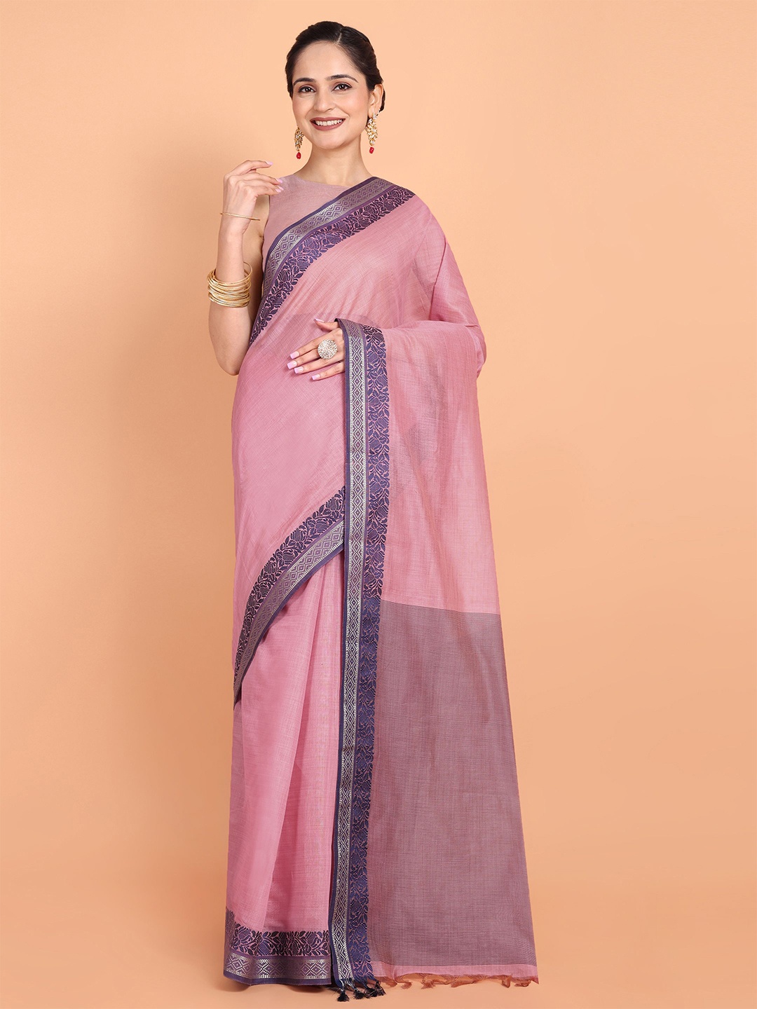 

Mitera Zari Pure Cotton Saree, Pink
