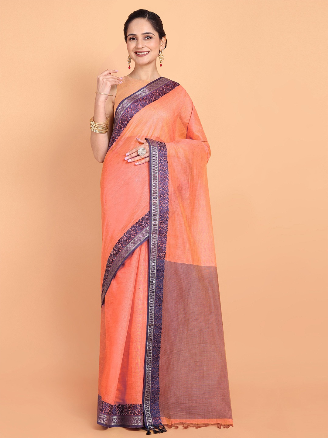 

Mitera Zari Pure Cotton Saree, Orange