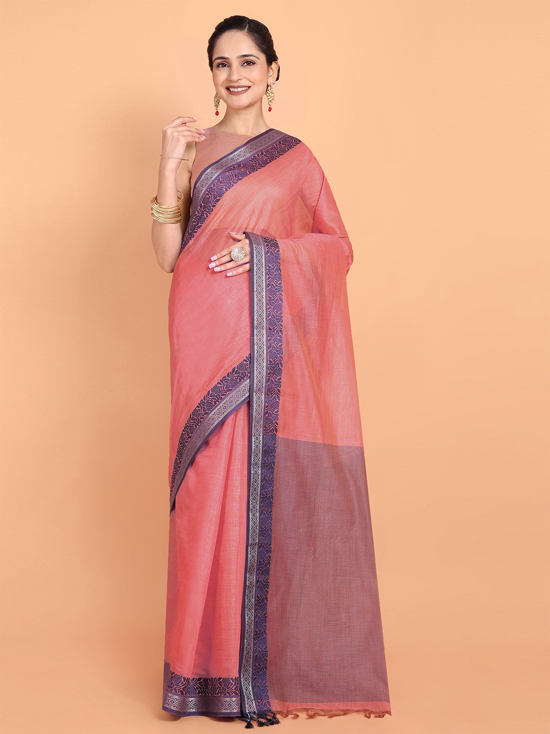 

Mitera Zari Pure Cotton Saree, Peach