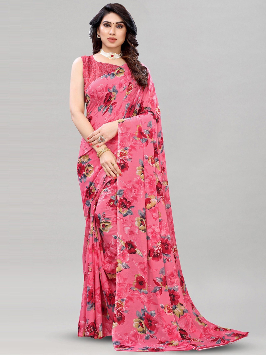 Mitera Floral Saree With Blouse Piece, Pink