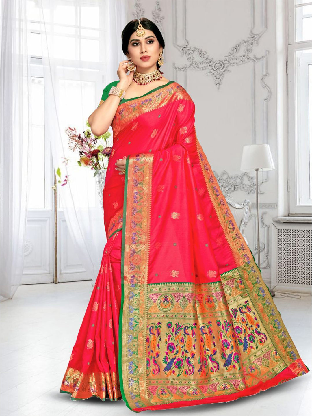 

Mitera Woven Design Zari Paithani Saree, Pink