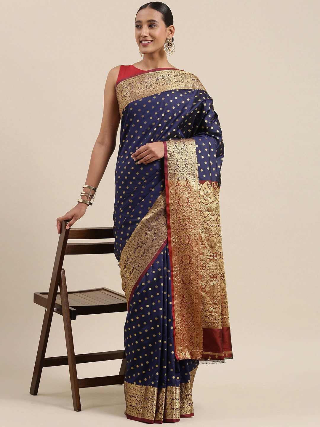 

Mitera Polka Dot Zari Art Silk Banarasi Saree, Blue