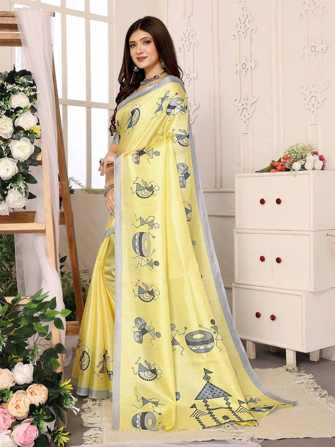 

KALINI Warli Printed Art Silk Saree, Yellow