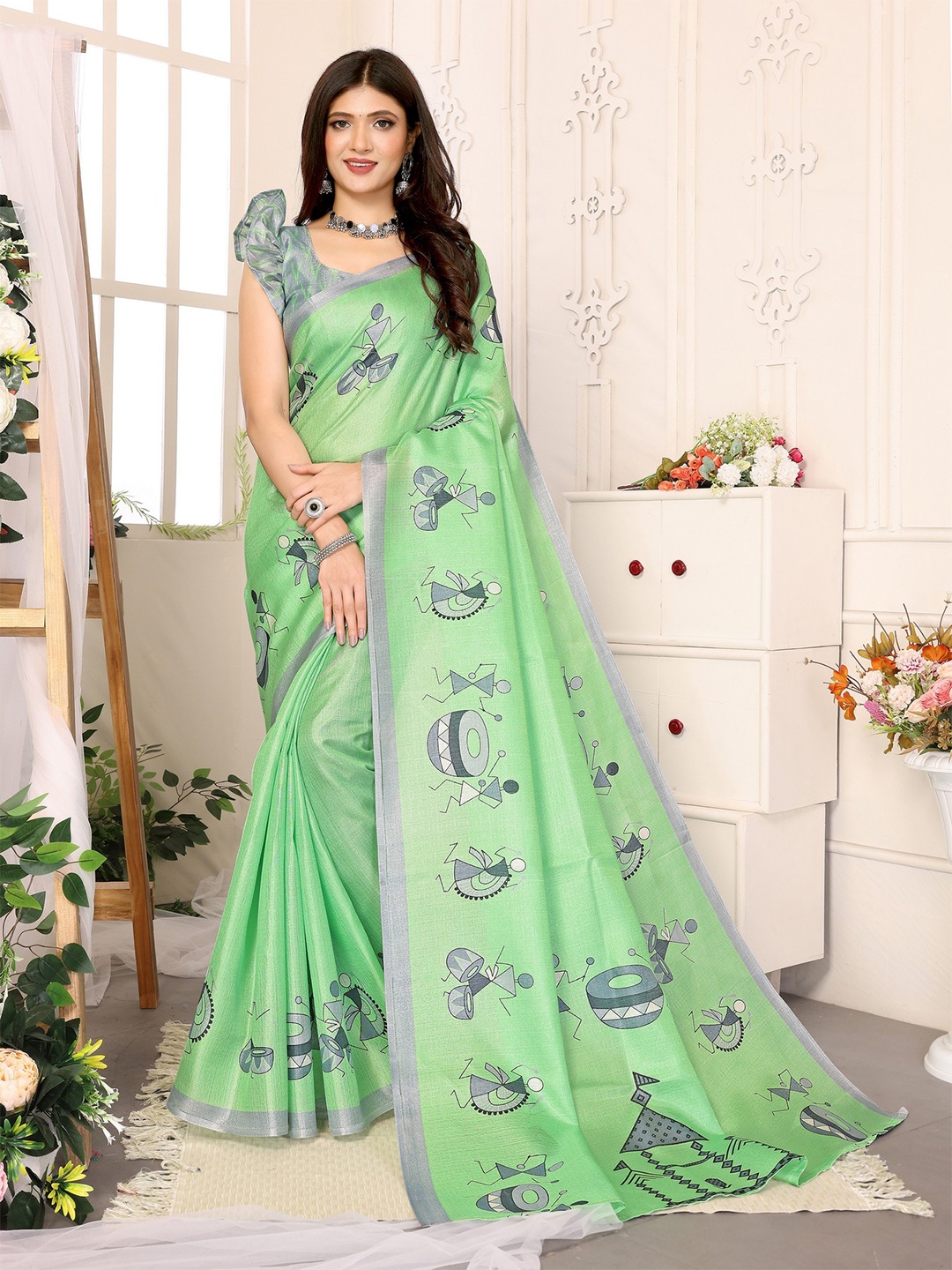 

KALINI Warli Printed Saree, Green