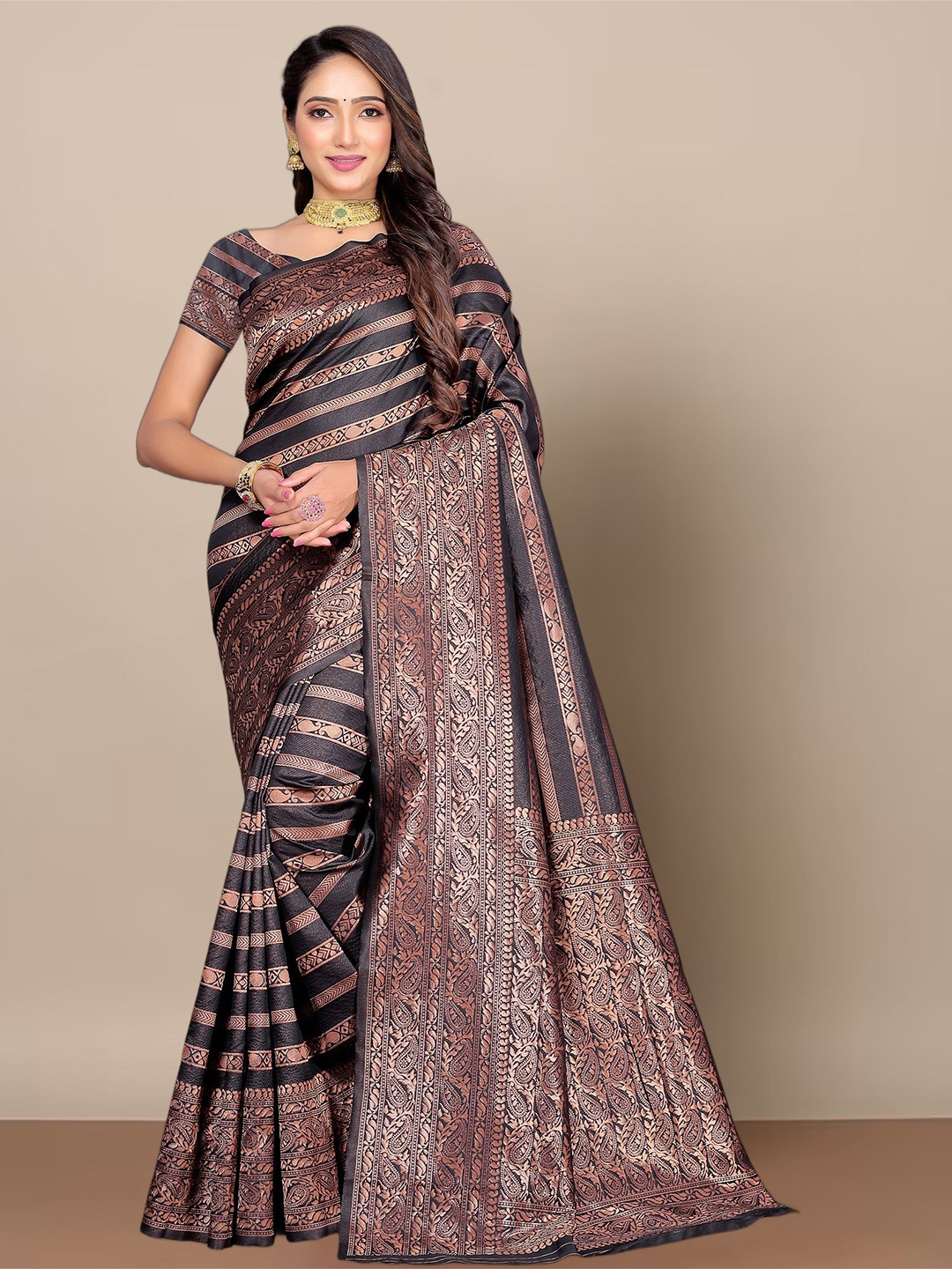 

BerMondsey Woven Design Zari S Banarasi Saree, Black