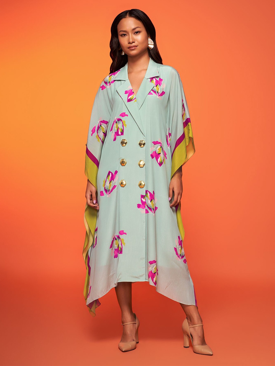 

NEETIANDMUDITA Floral Print Crepe Kaftan Maxi Dress, Turquoise blue