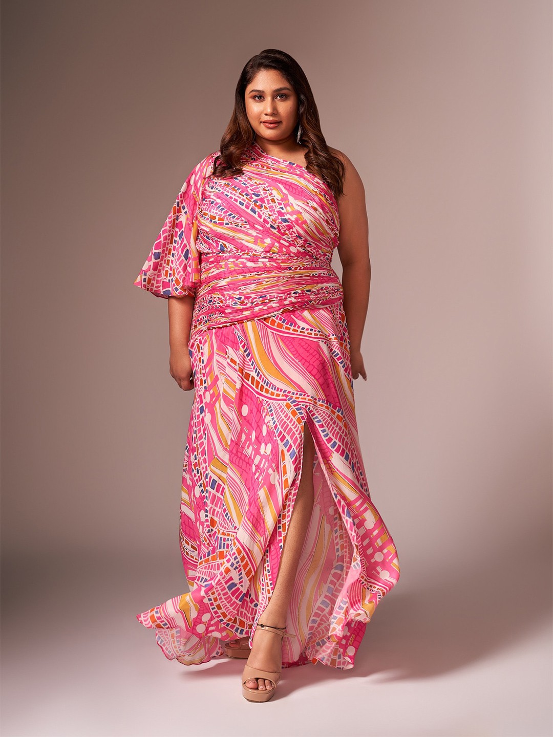 

NEETIANDMUDITA Abstract Printed Plus Size Maxi Dress, Pink