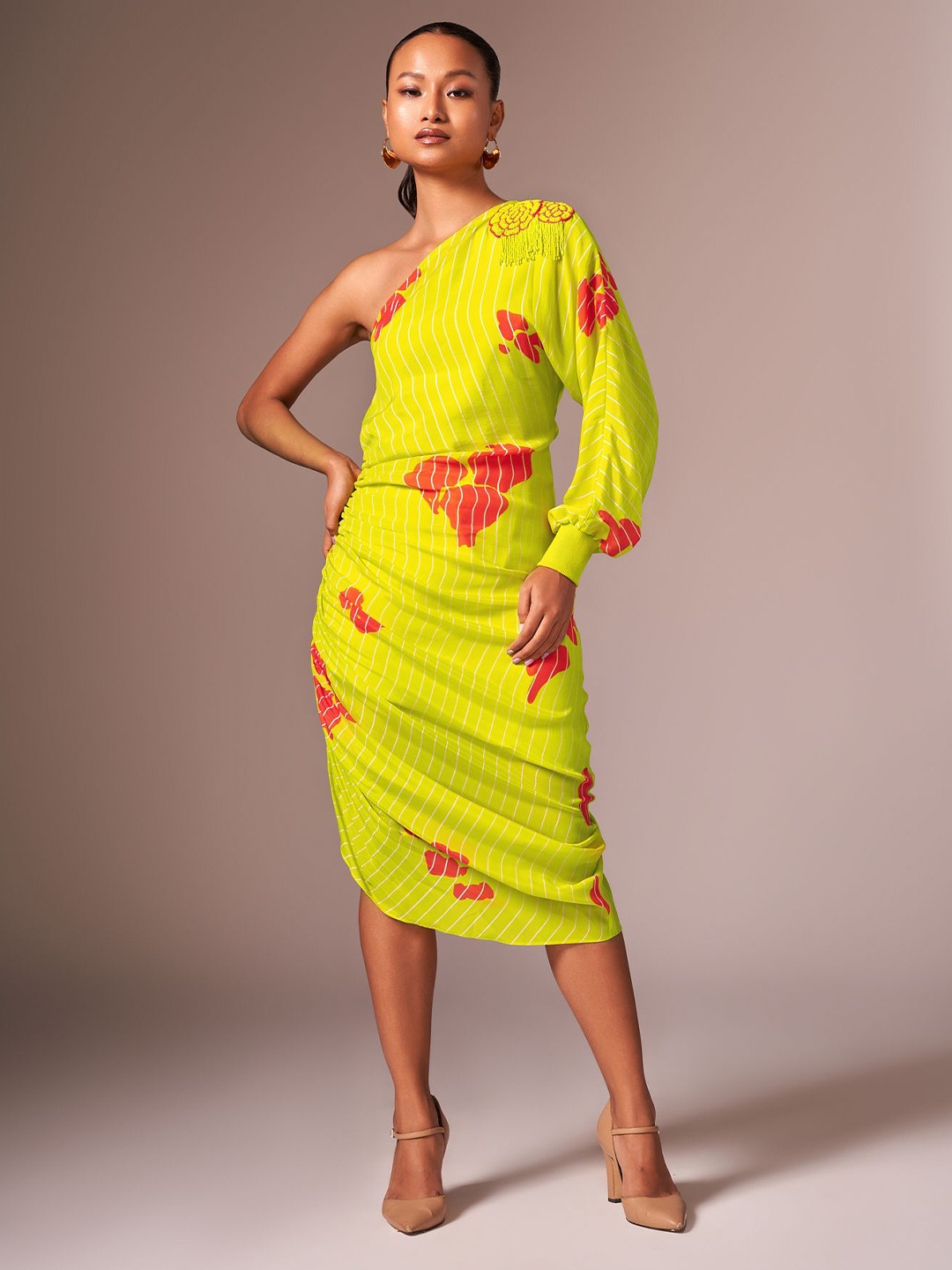 

NEETIANDMUDITA One Shoulder Crepe Sheath Midi Dress, Lime green