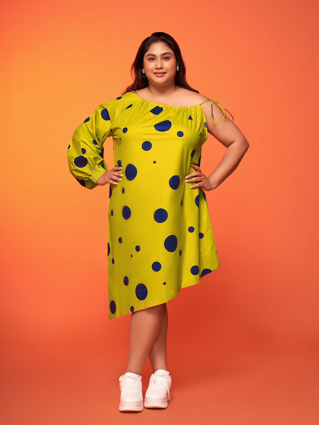 

NEETIANDMUDITA Plus Size Polka Dot Print A-Line Dress, Lime green