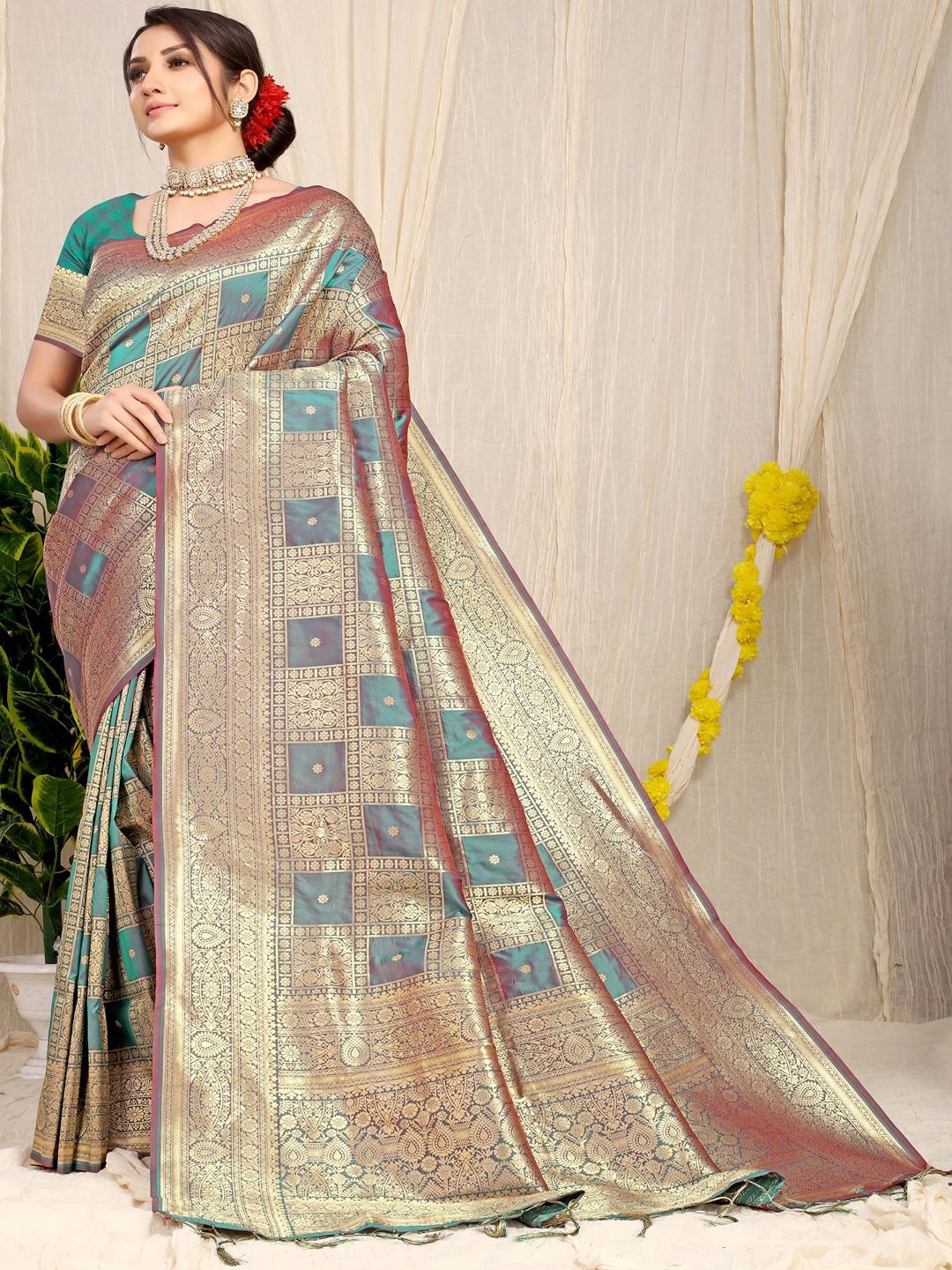 

SGF11 Ethnic Motifs Zari Art Silk Kanjeevaram Saree, Teal