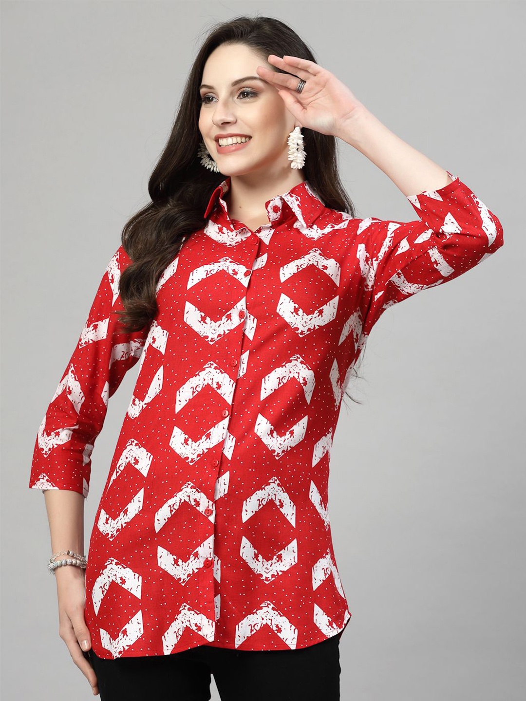 

KALINI Straight Floral Printed Spread Collar Casual Shirt, Red