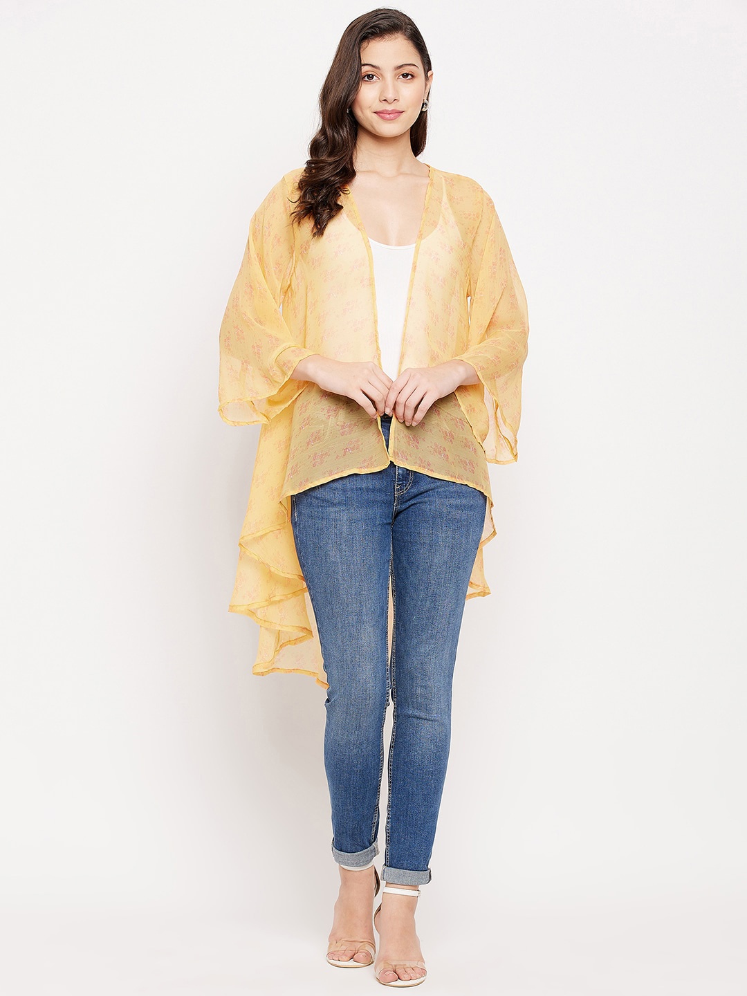 

Fashfun Floral Printed Longline Shrug, Yellow
