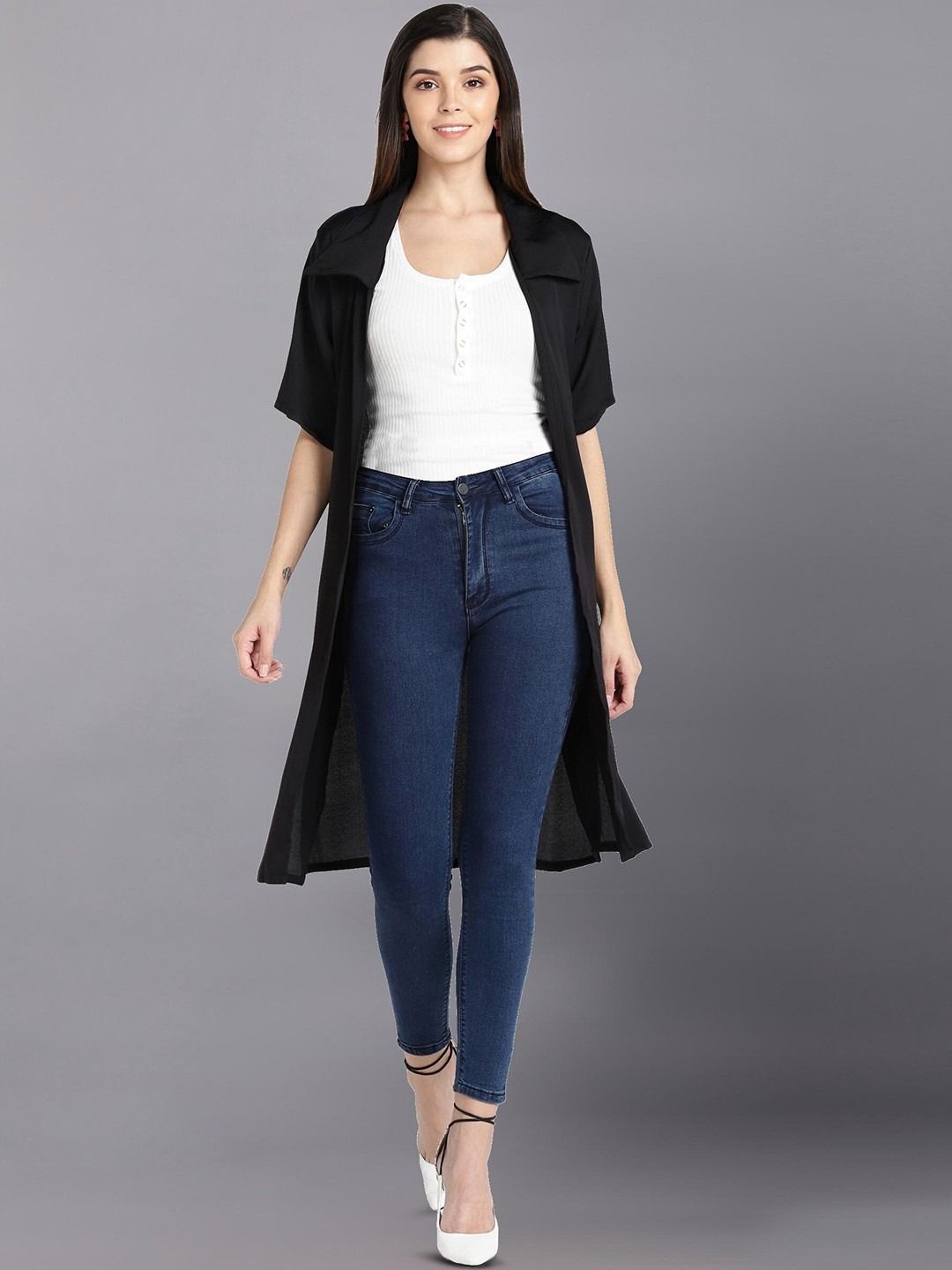 

Fashfun Shirt Collar Longline Open Front Shrug, Black