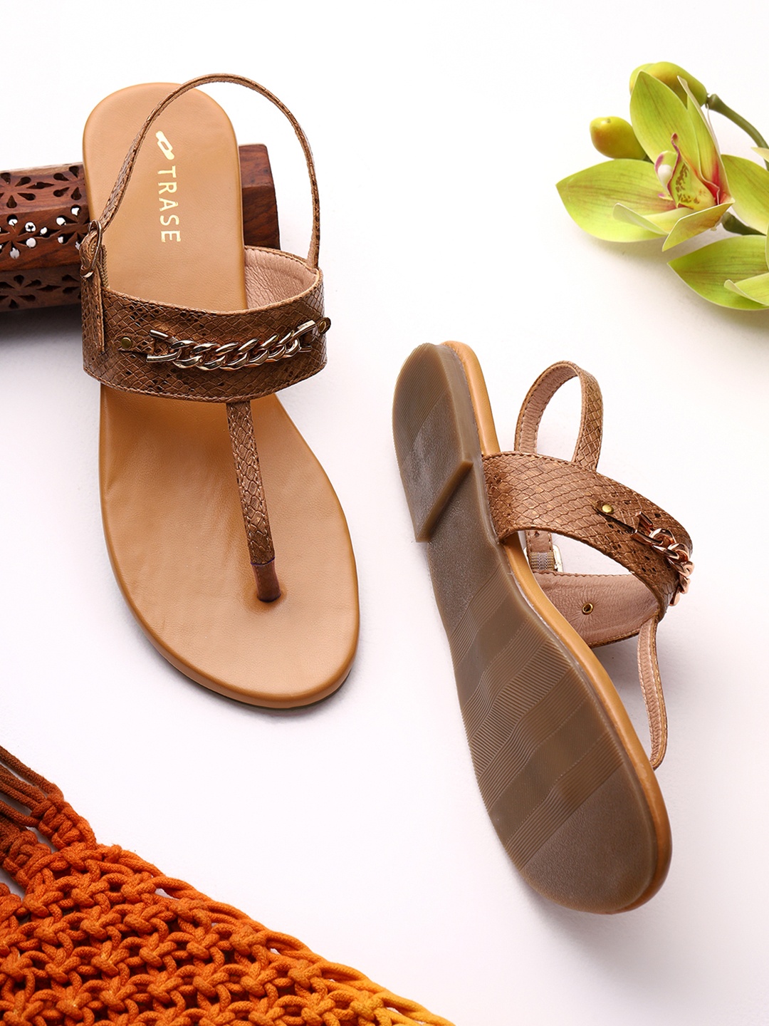 

TRASE Textured T-Strap Flats, Beige