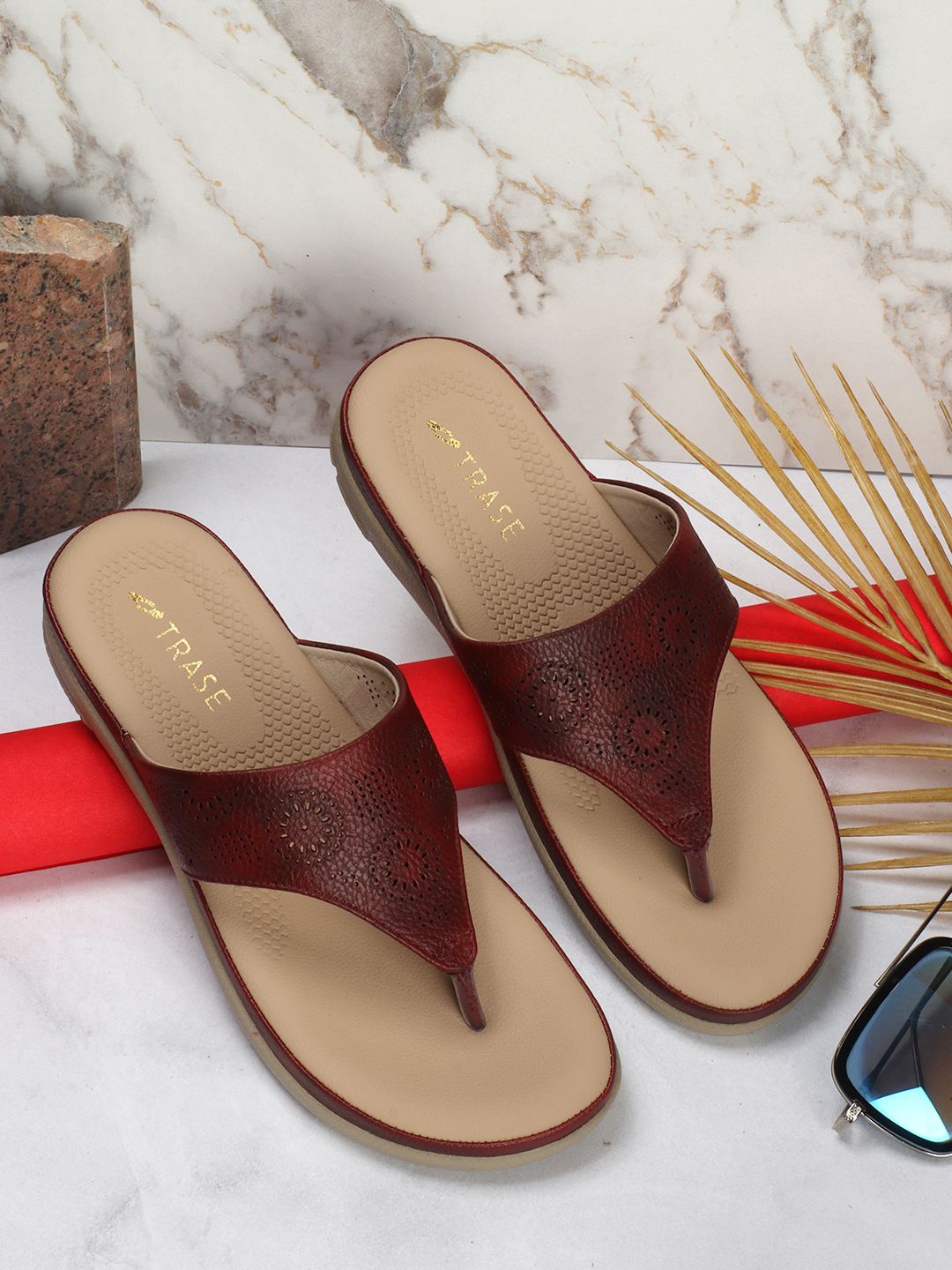 

TRASE T-Strap Flats with Laser Cuts, Maroon