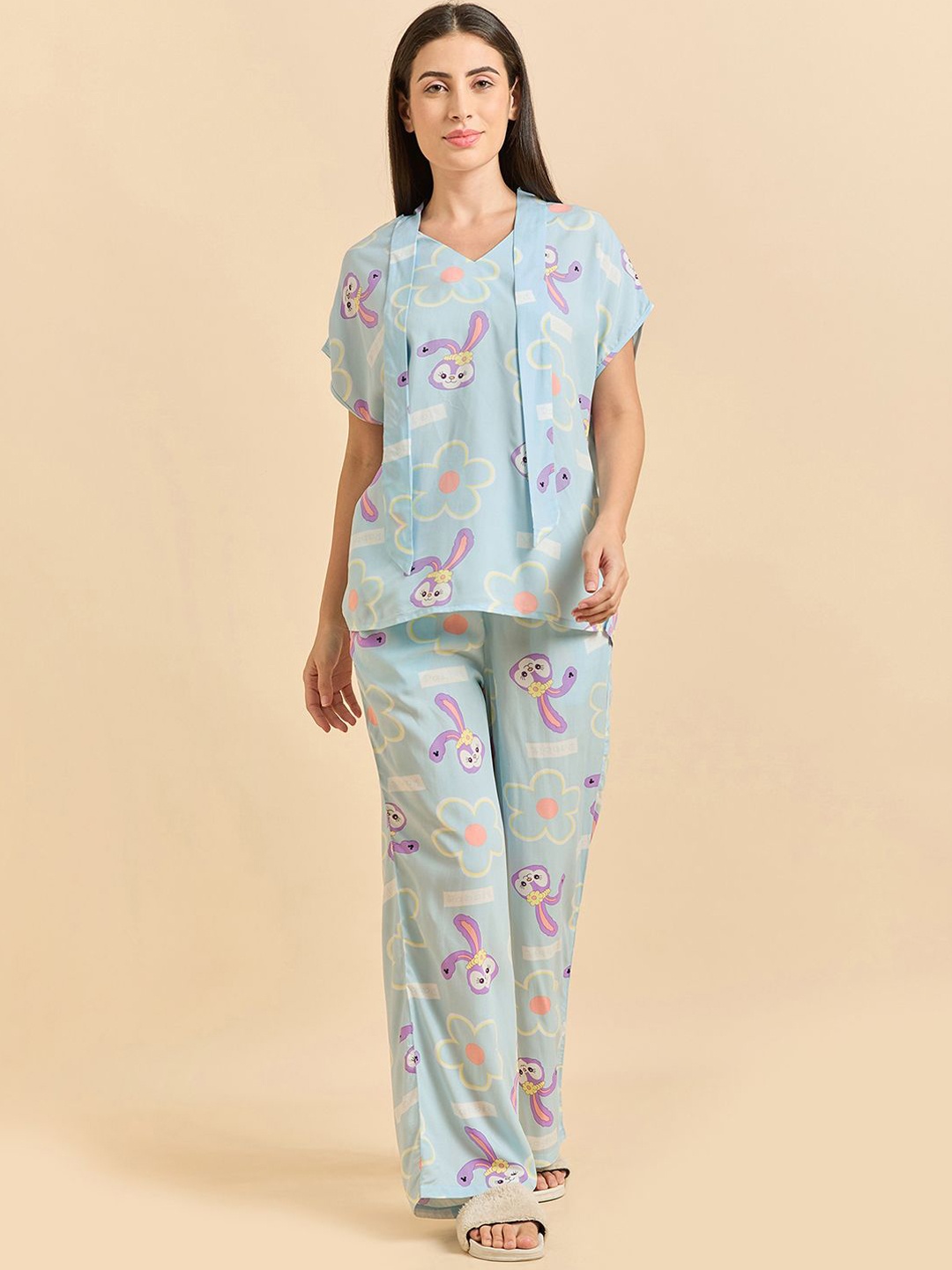 

Sweet Dreams Blue Graphic Printed V-Neck Top With Pyjamas