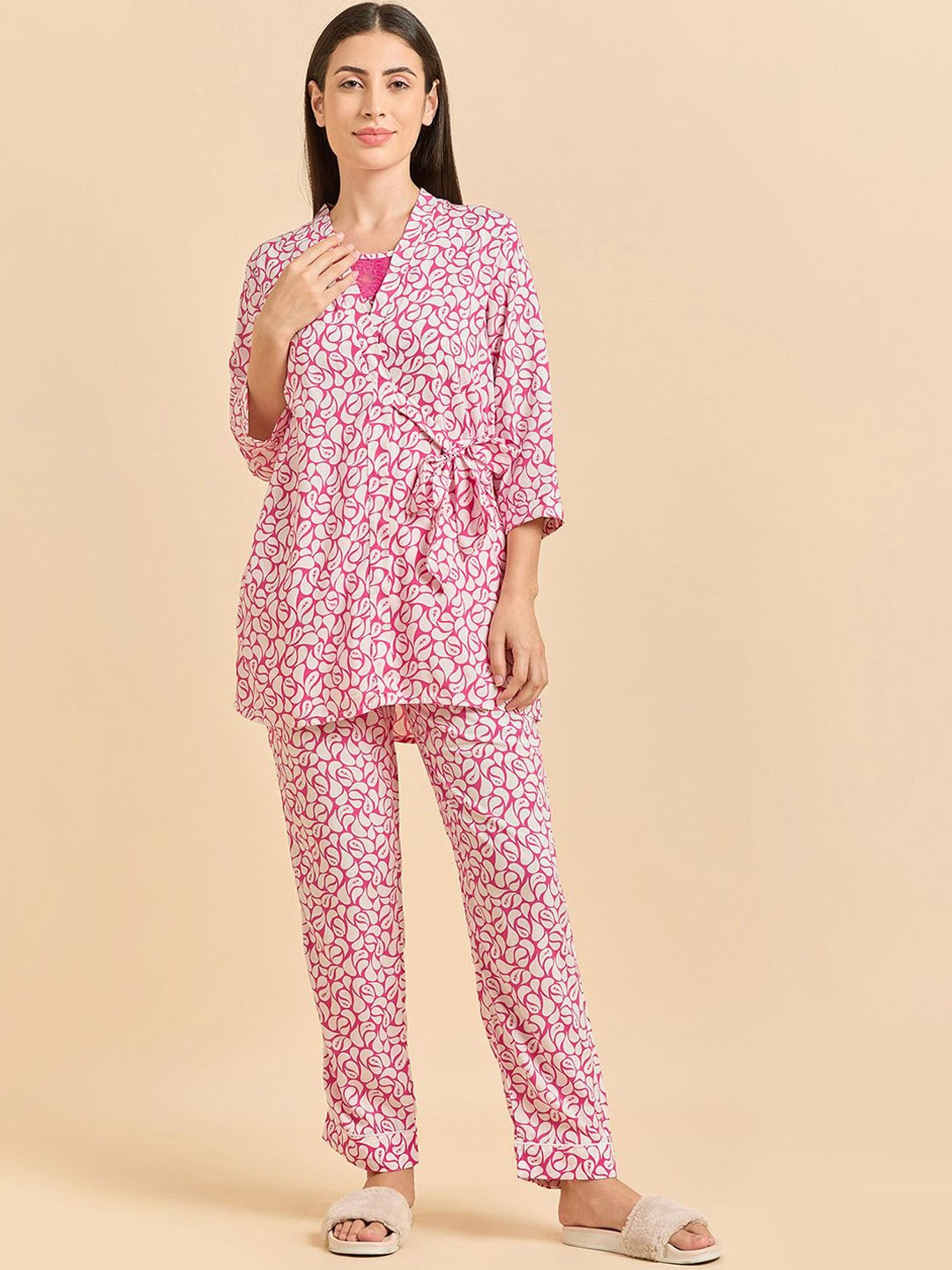 

Sweet Dreams Pink Printed V-Neck Top & Kaftan With Pyjamas