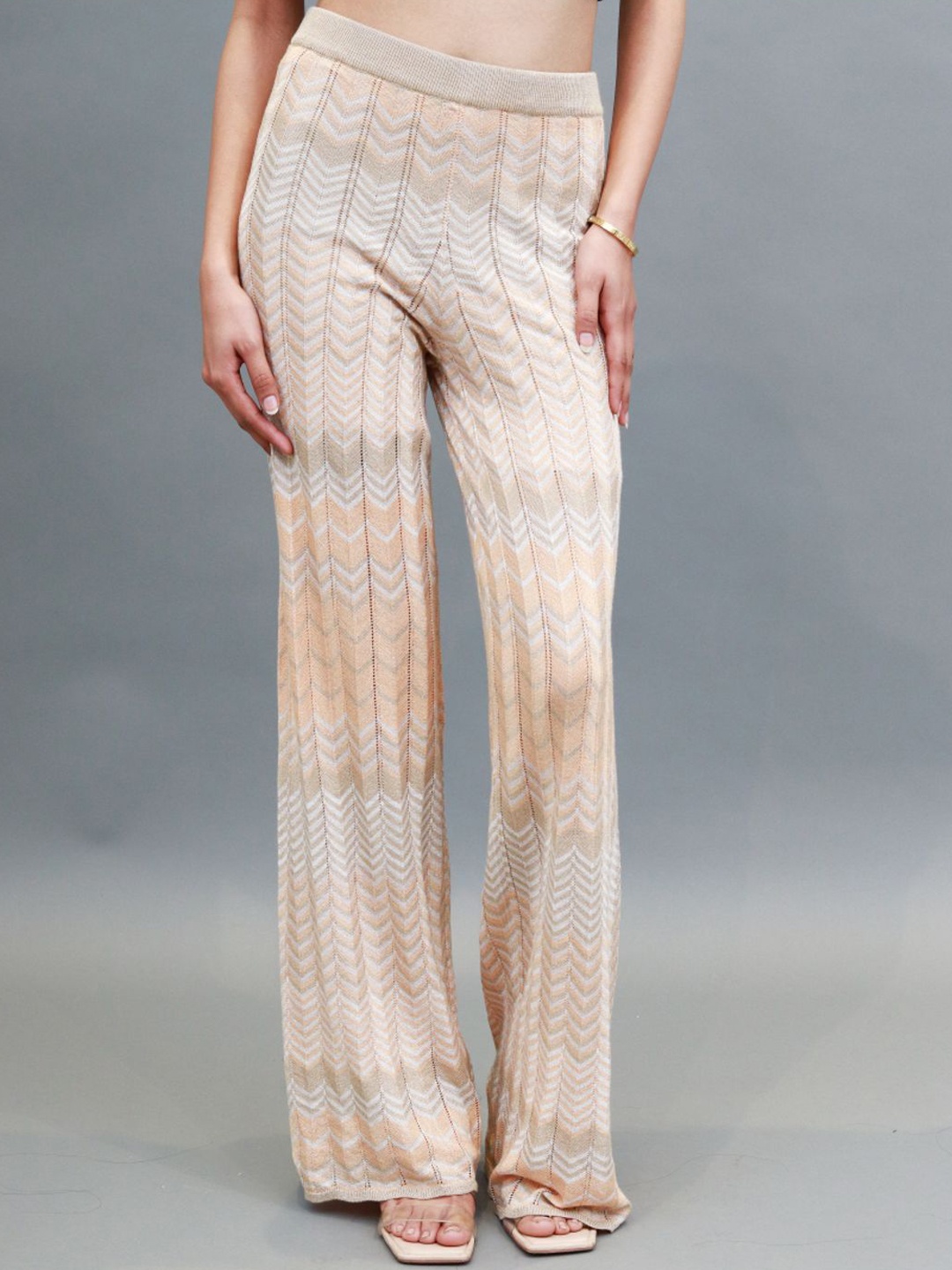 

NoBarr Women Self Design Chevron Printed Mid-Rise Casual Parallel Trousers, Beige