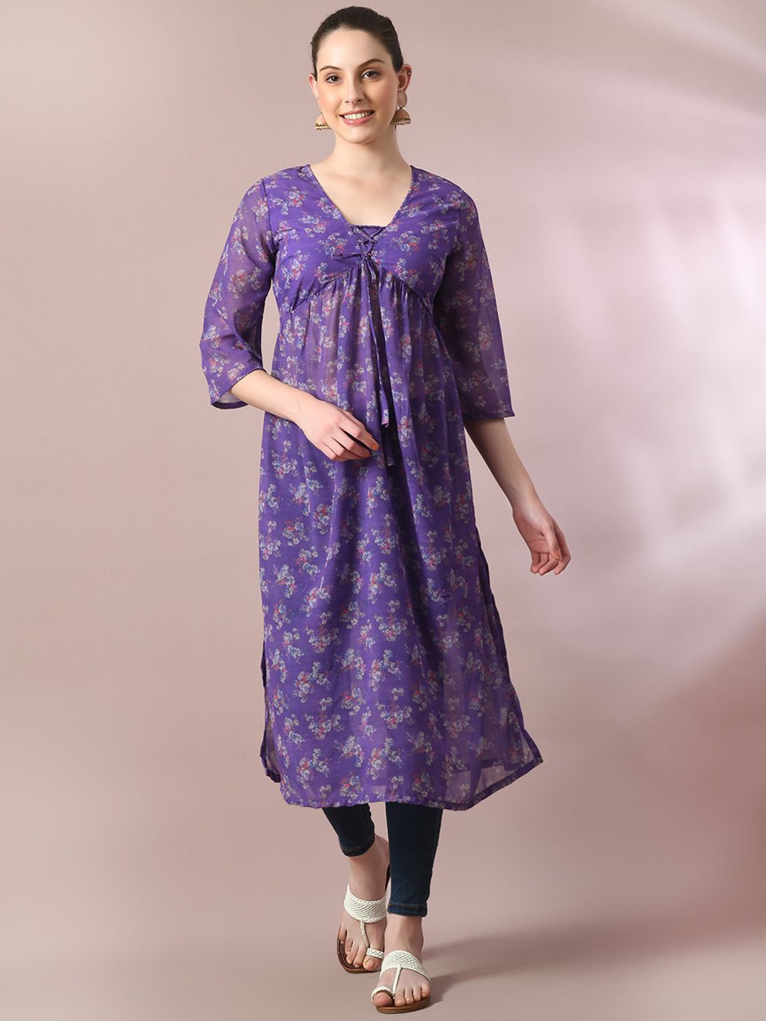 

HERE&NOW Purple Floral Printed V-Neck Flared Sleeves Georgette A-Line Nyra-Cut Kurta