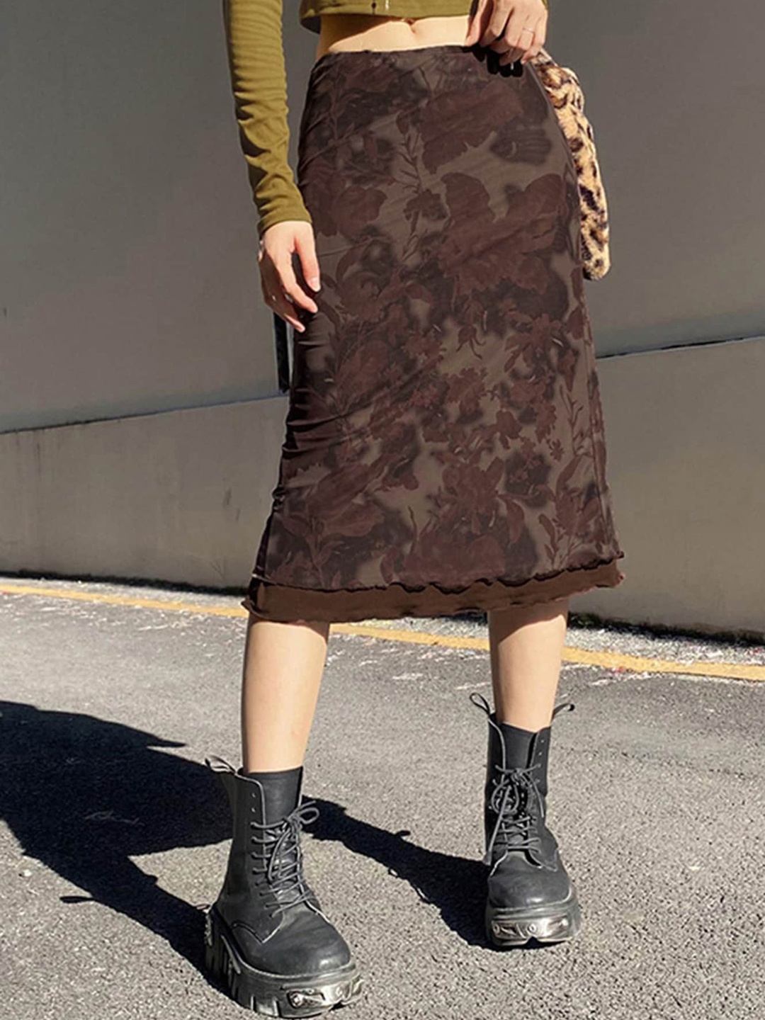 

LULU & SKY Printed A-Line Overlock Hem Midi Skirt, Brown