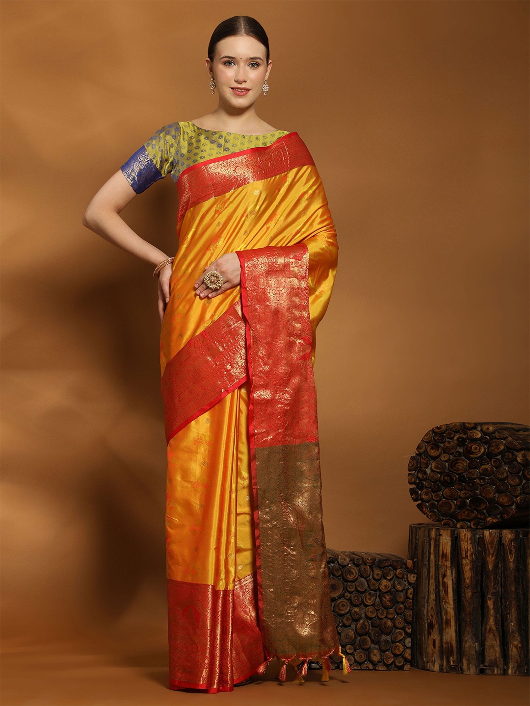 

KALINI Ethnic Motifs Zari Pure Silk Banarasi Saree, Yellow