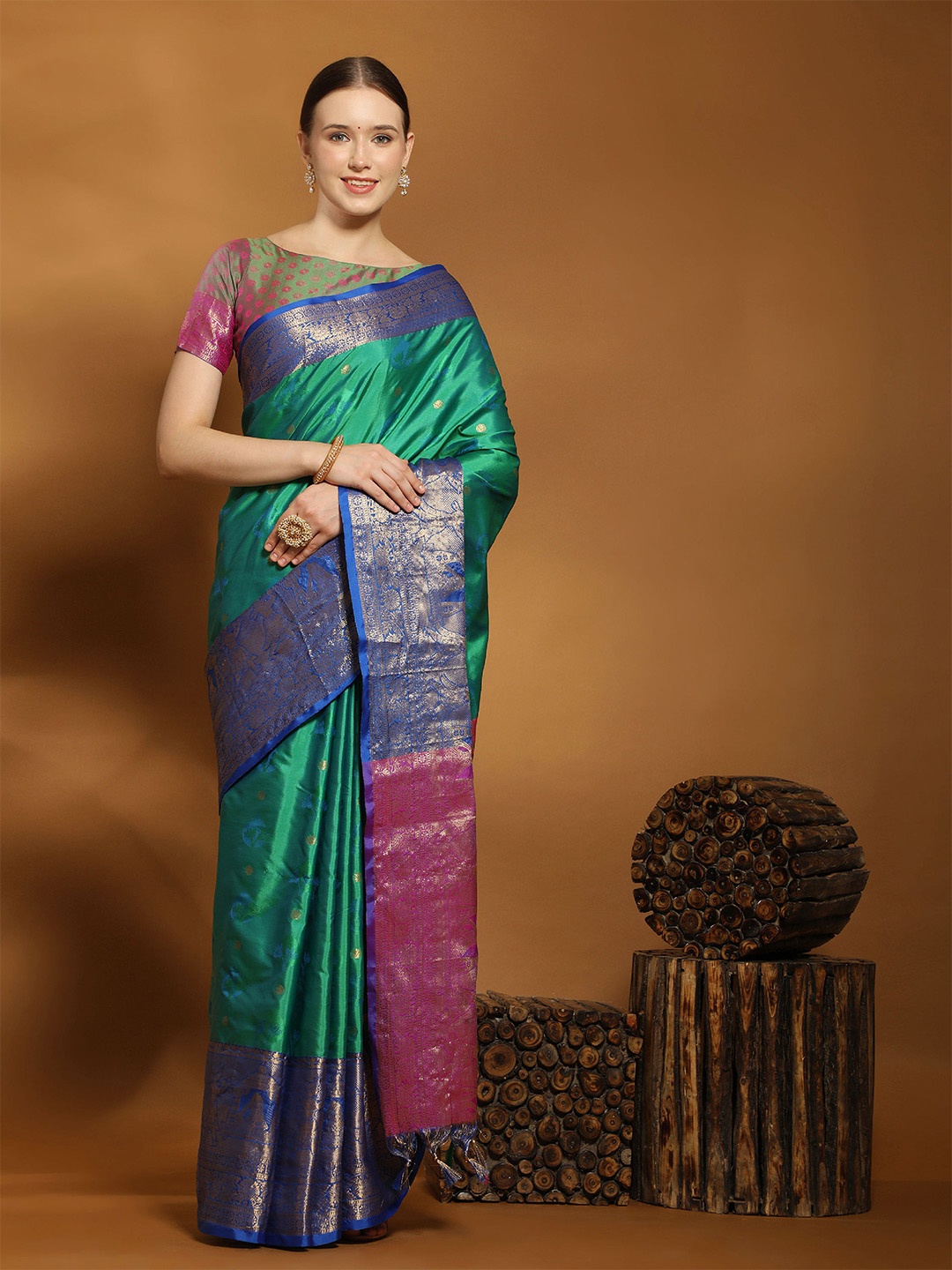 

KALINI Ethnic Motifs Zari Pure Silk Banarasi Saree, Blue
