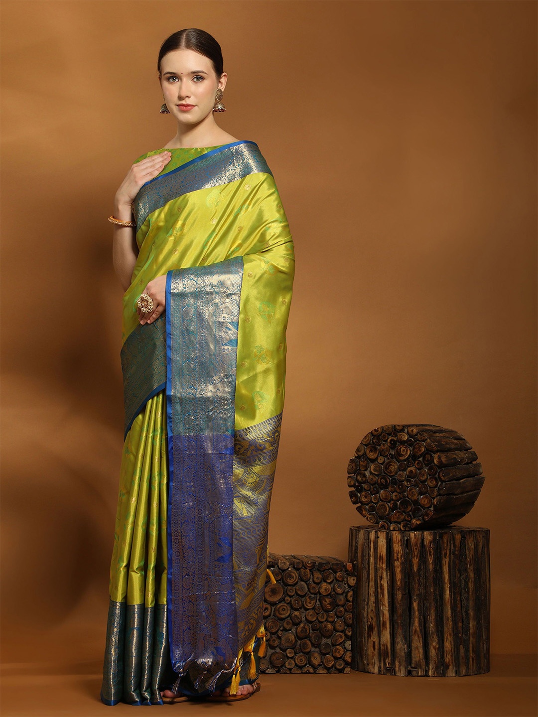 

KALINI Ethnic Motifs Zari Pure Silk Banarasi Saree, Green
