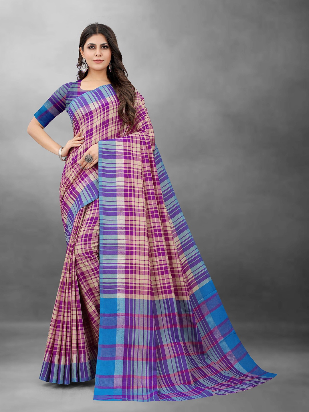 

KALINI Checked Zari Pure Cotton Banarasi Saree, Blue