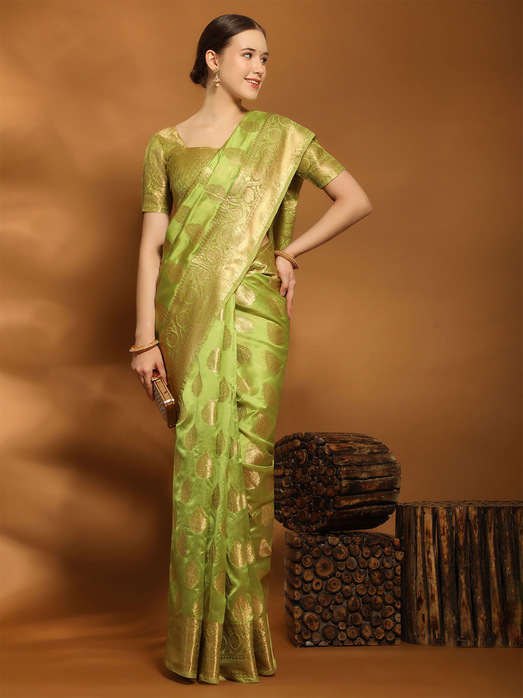 

KALINI Ethnic Motifs Zari Pure Silk Banarasi Saree, Green