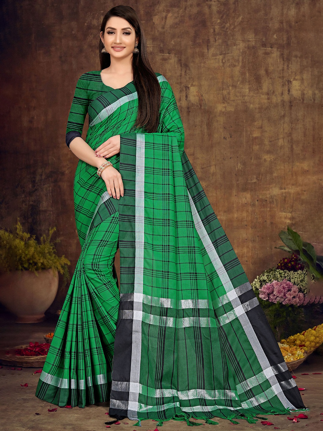 

KALINI Checked Zari Pure Cotton Saree, Green
