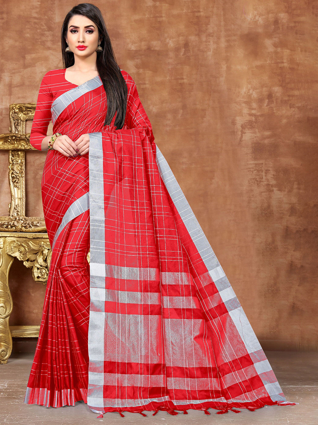 

KALINI Checked Zari Pure Cotton Banarasi Saree, Red