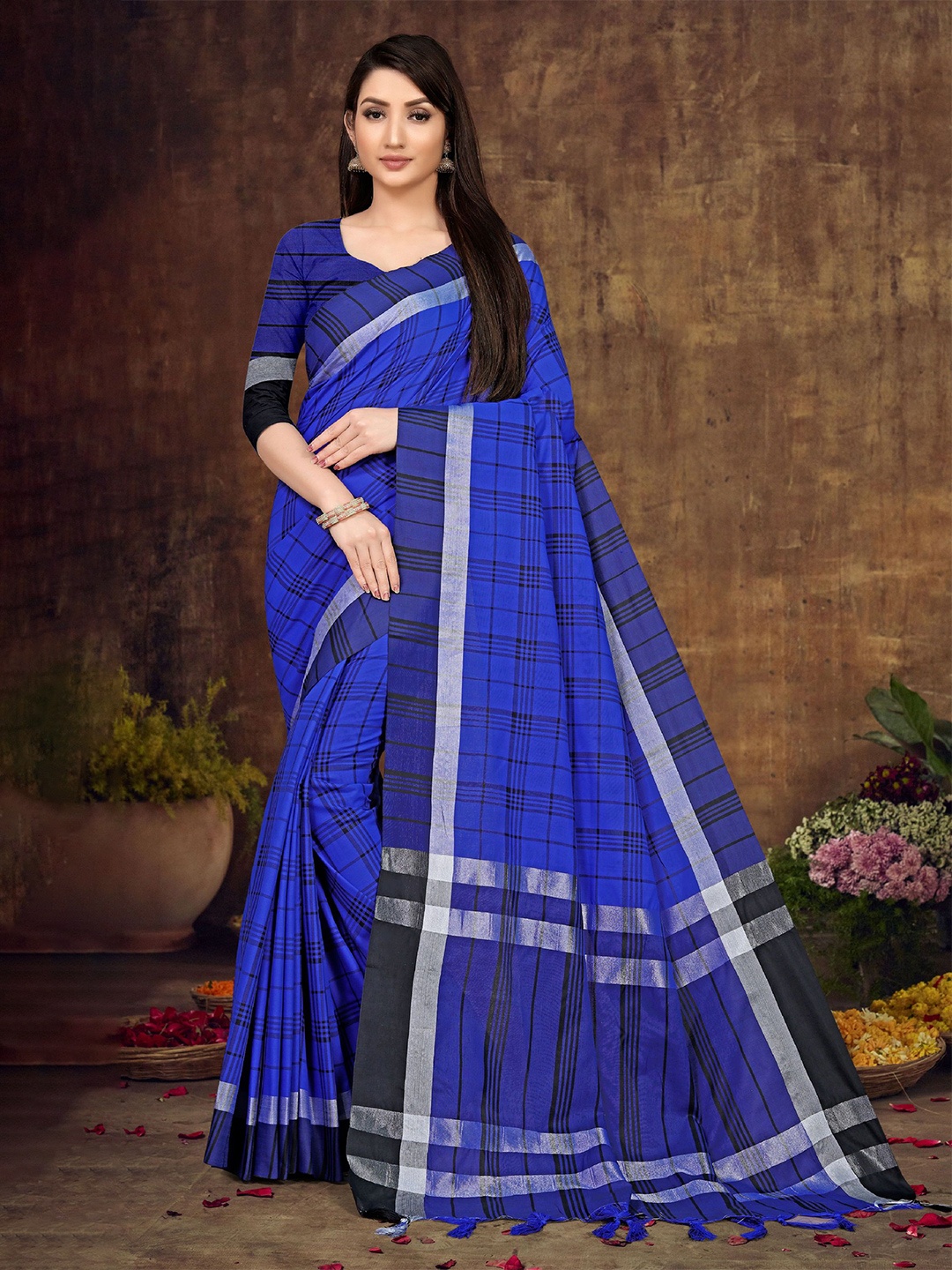 

KALINI Striped Pure Cotton Banarasi Saree, Blue